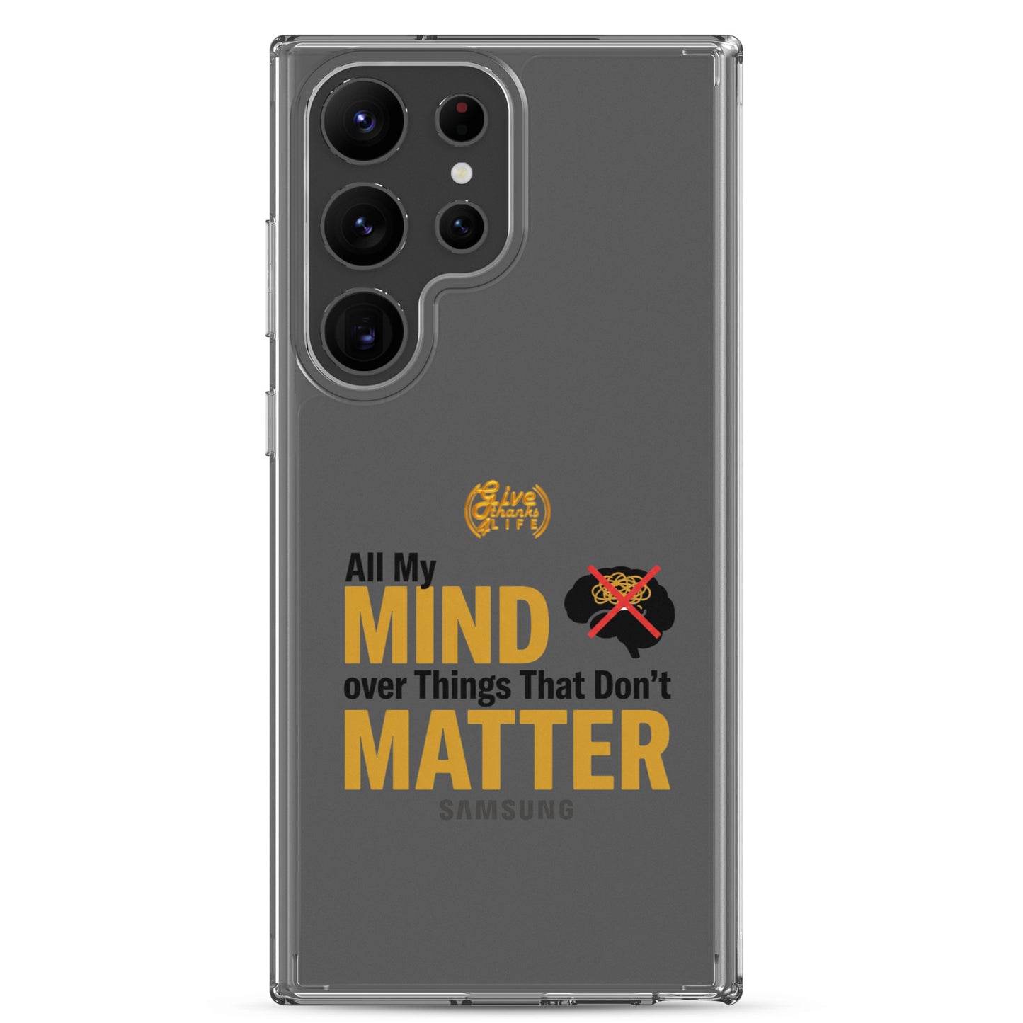 Samsung phone case with text and logo on a white background