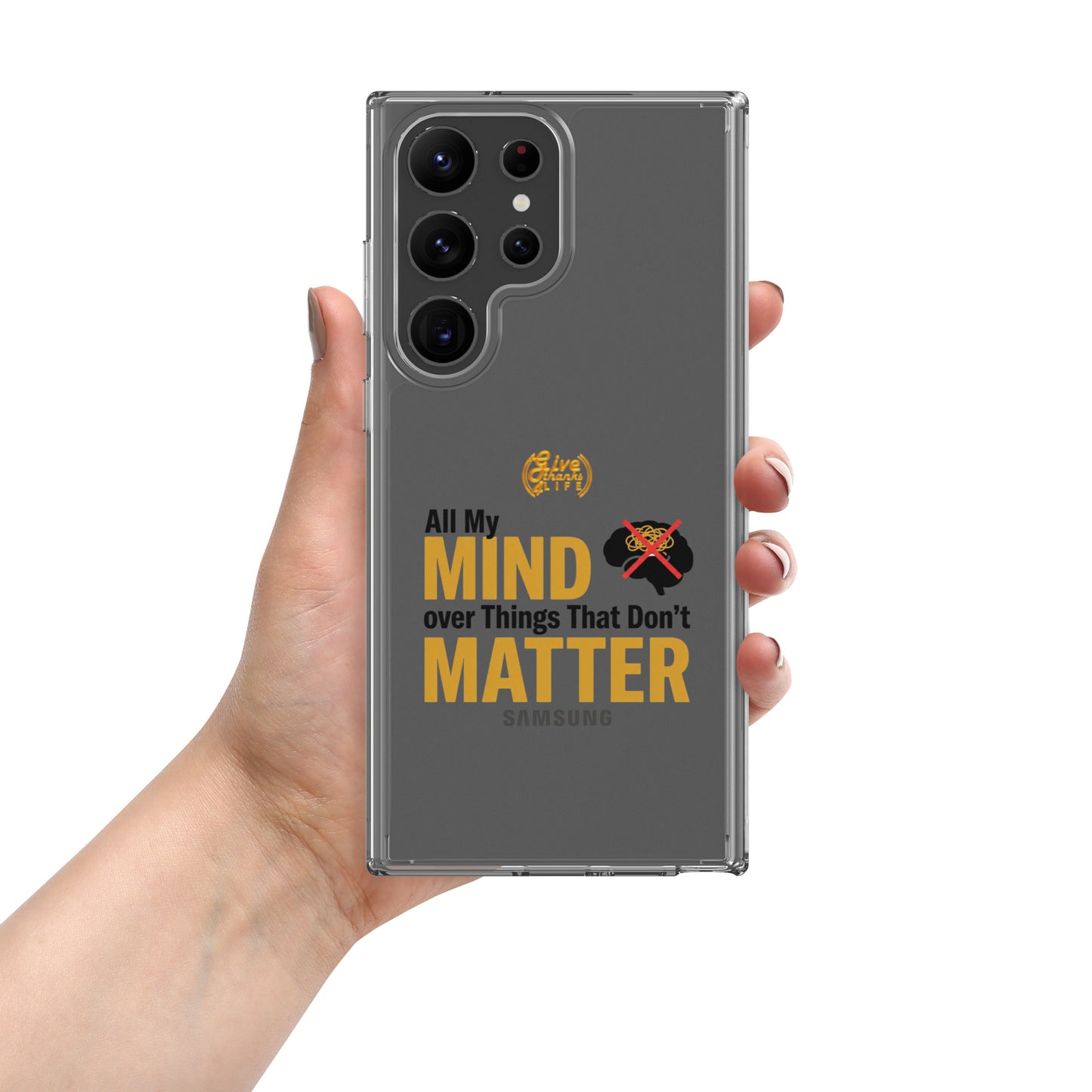 Phone case with text design held by a hand on a white background