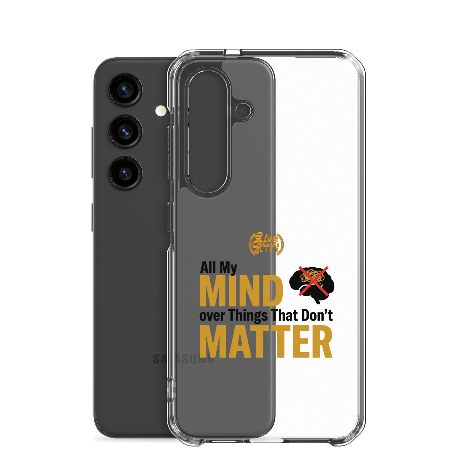 Phone case with 'All My Mind over Things That Don't Matter' text and logo on a white background