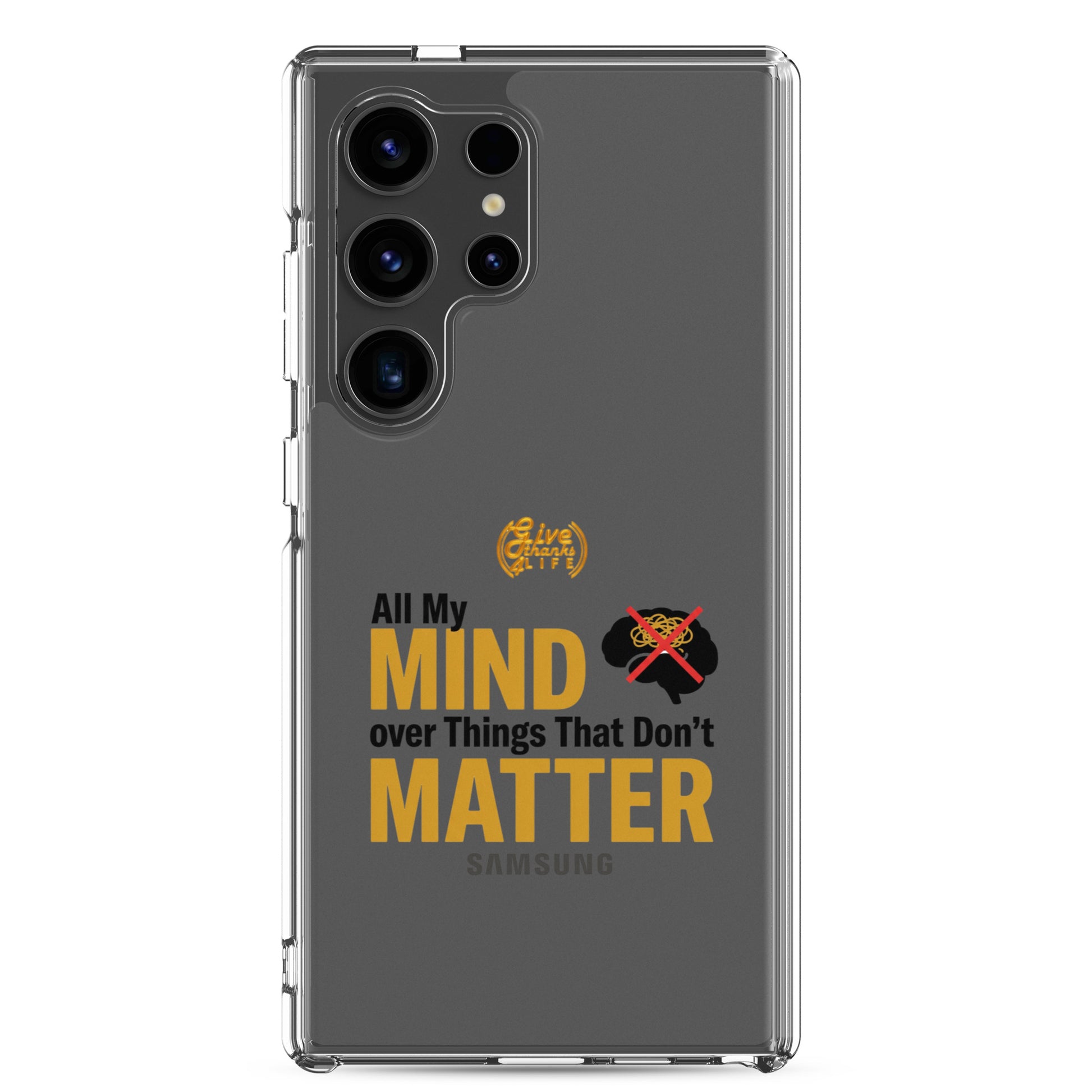 Samsung phone case with text design on a white background