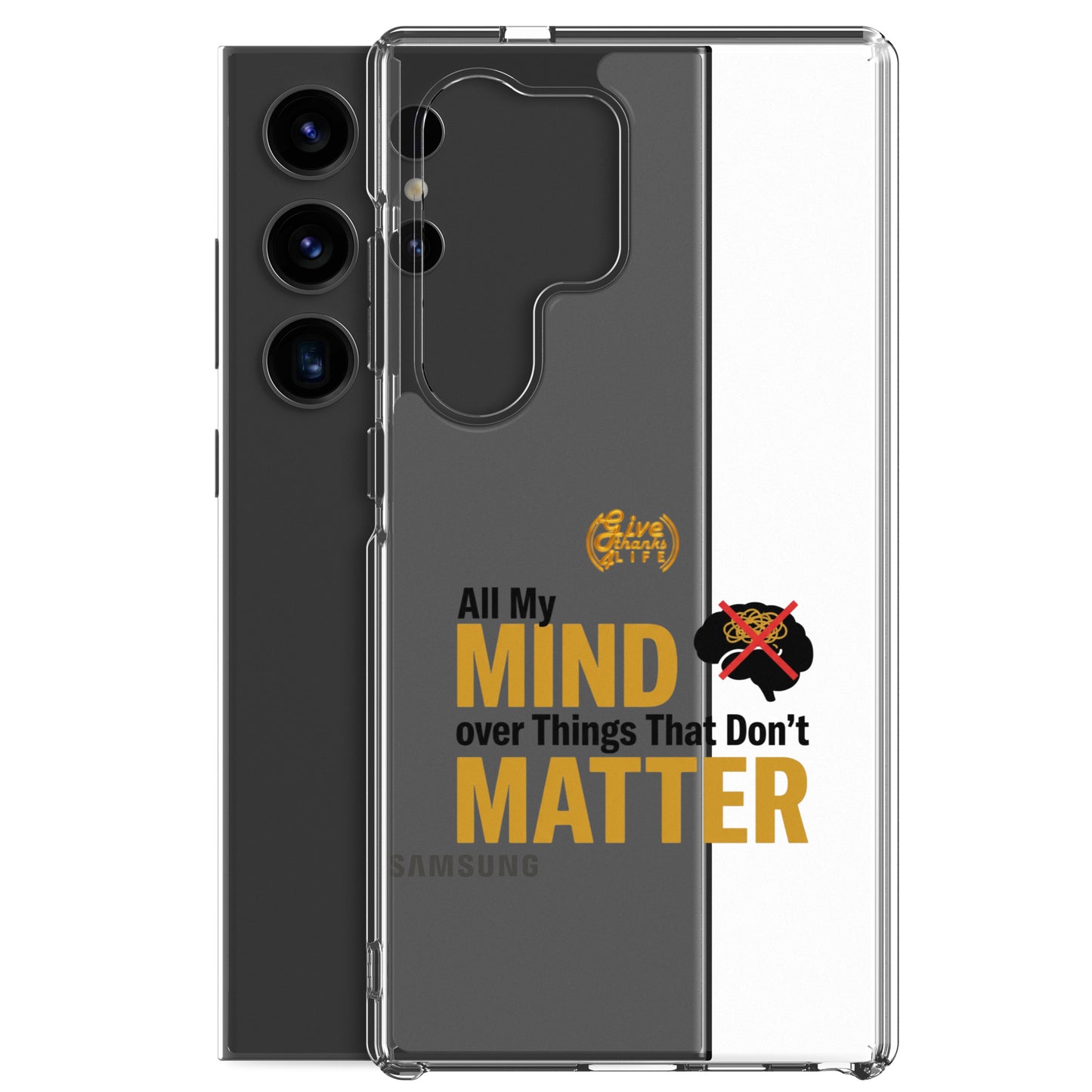 Samsung phone case with text and logo design on a white background