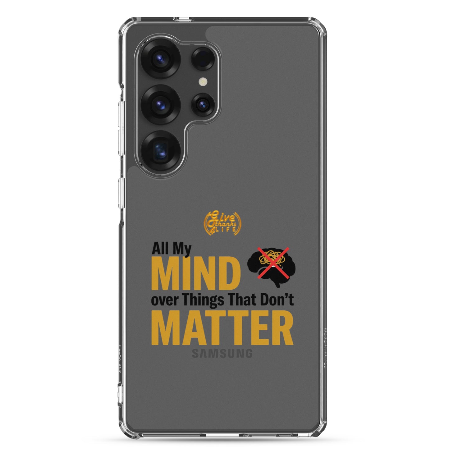 Samsung phone case with text and logo on a white background