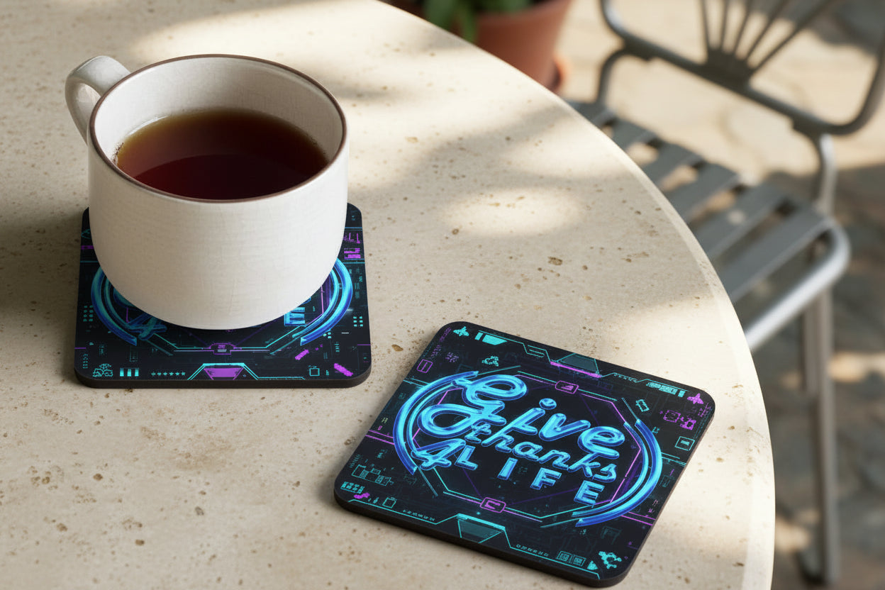 White mug with dark liquid on a wooden surface, accompanied by a coaster with 'Give Thanks Life' text.