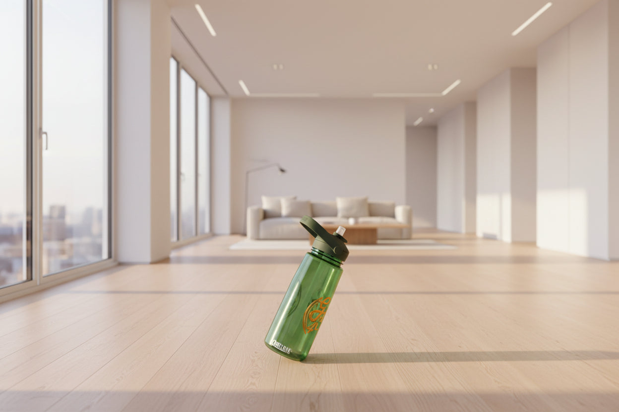 Green CamelBak water bottle with orange logo on a white background