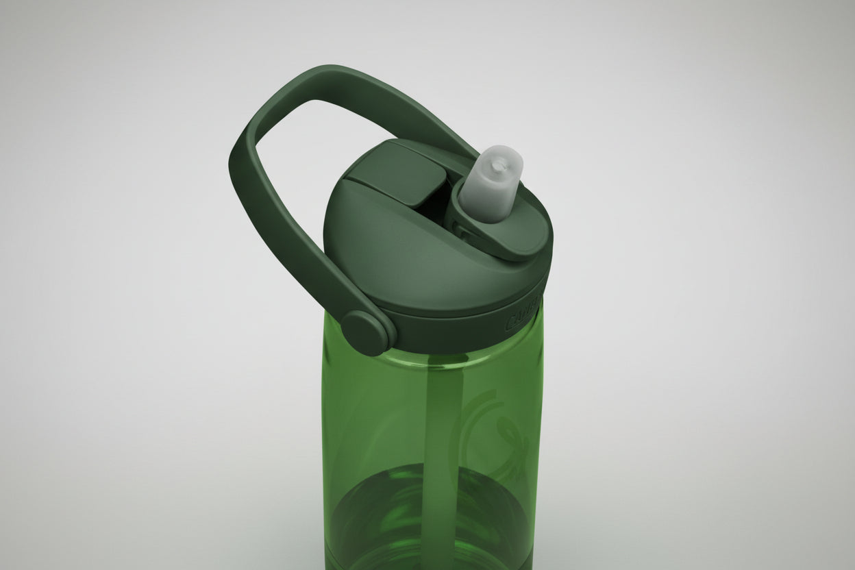 Green water bottle with a gray cap on a white background