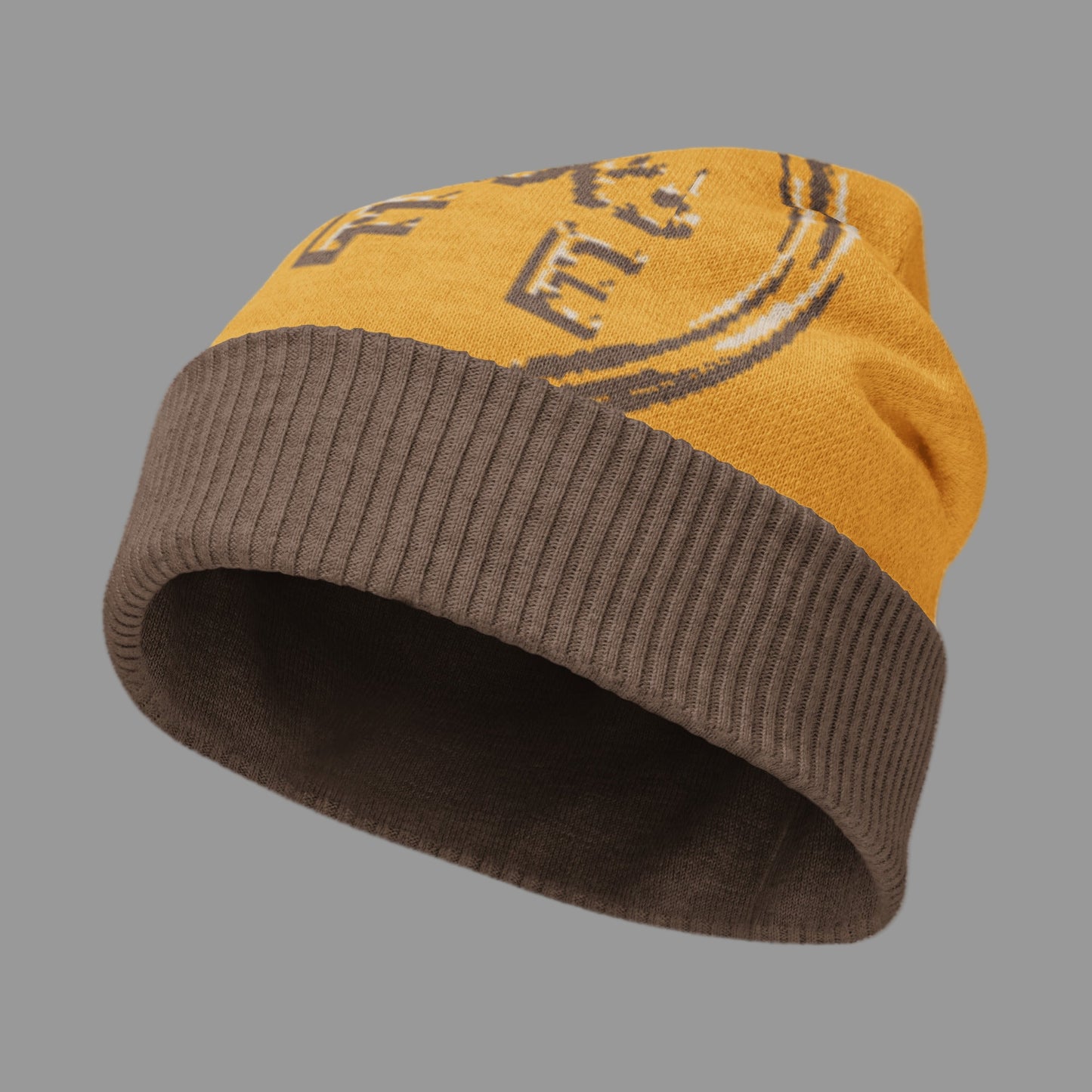 Two-tone beanie with yellow top and brown bottom on a white background