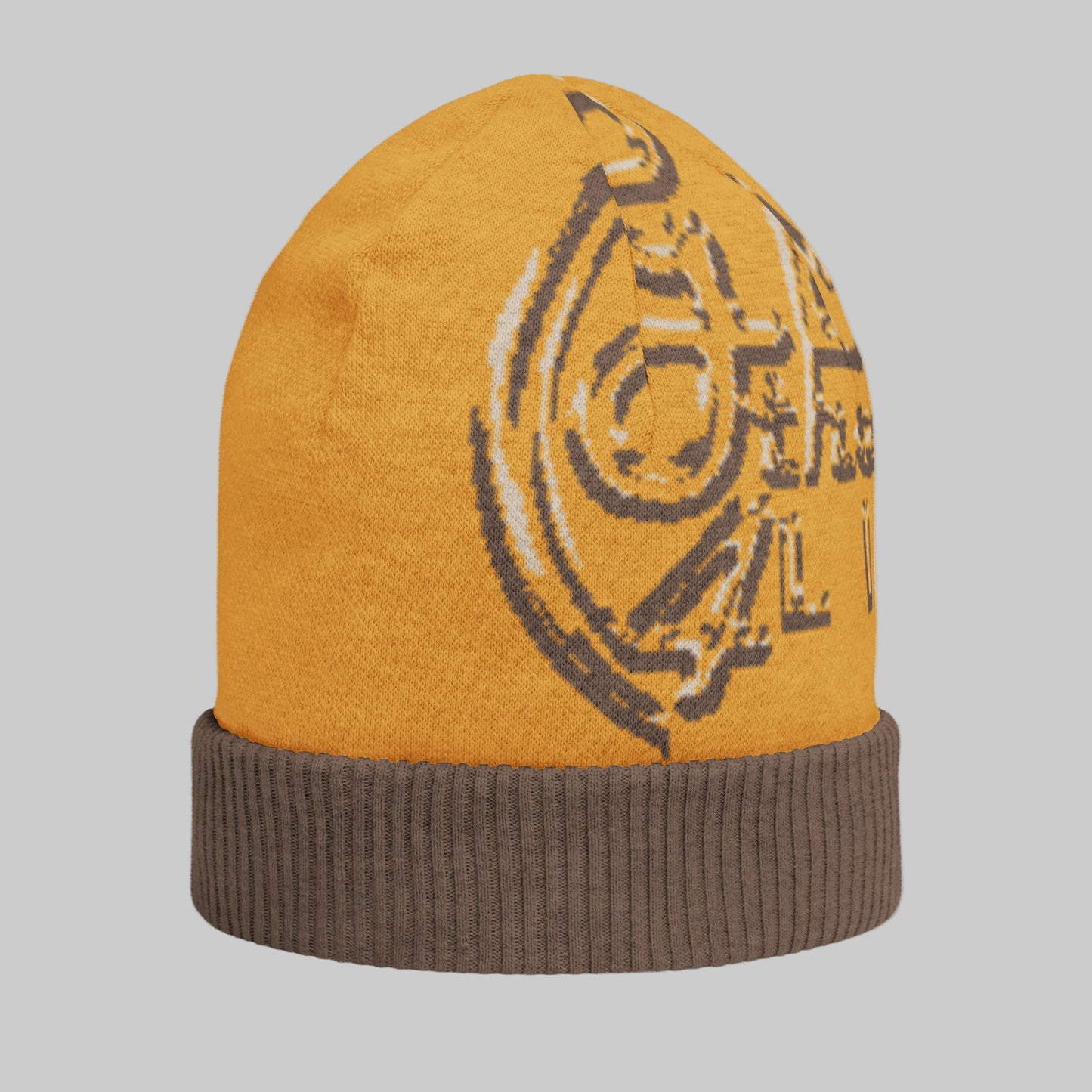 Yellow beanie with a black logo on a white background