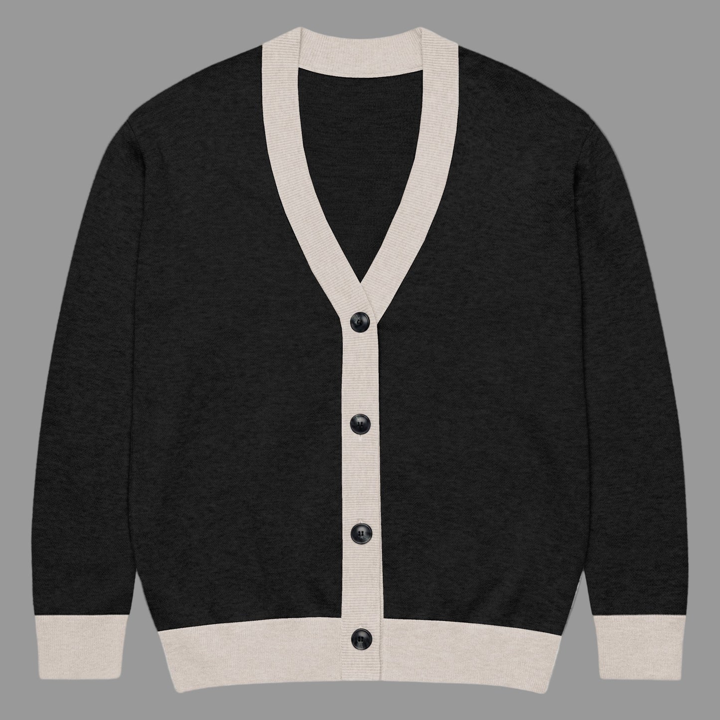 Black cardigan with beige trim and buttons on a white background