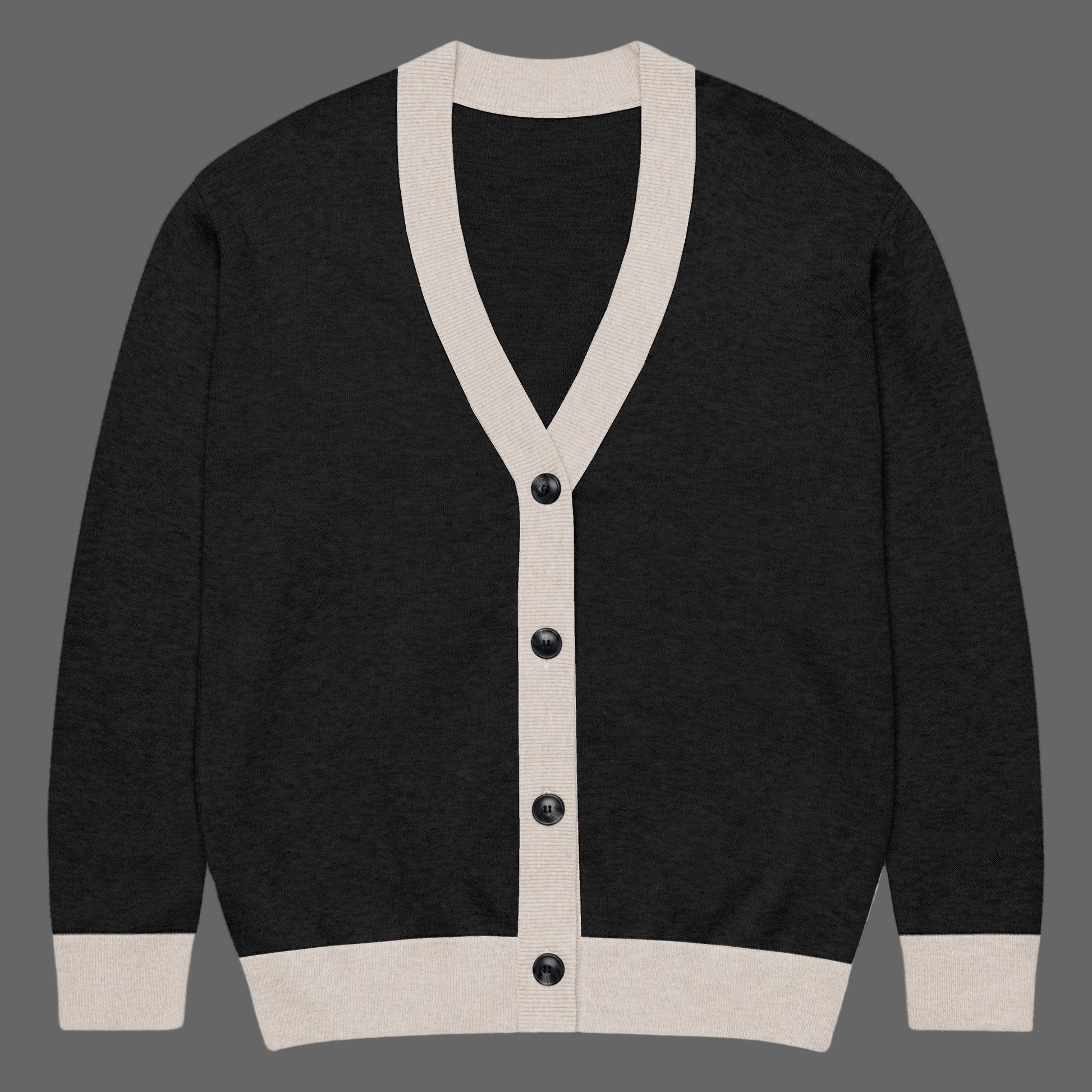 Black cardigan with beige trim and buttons on a white background