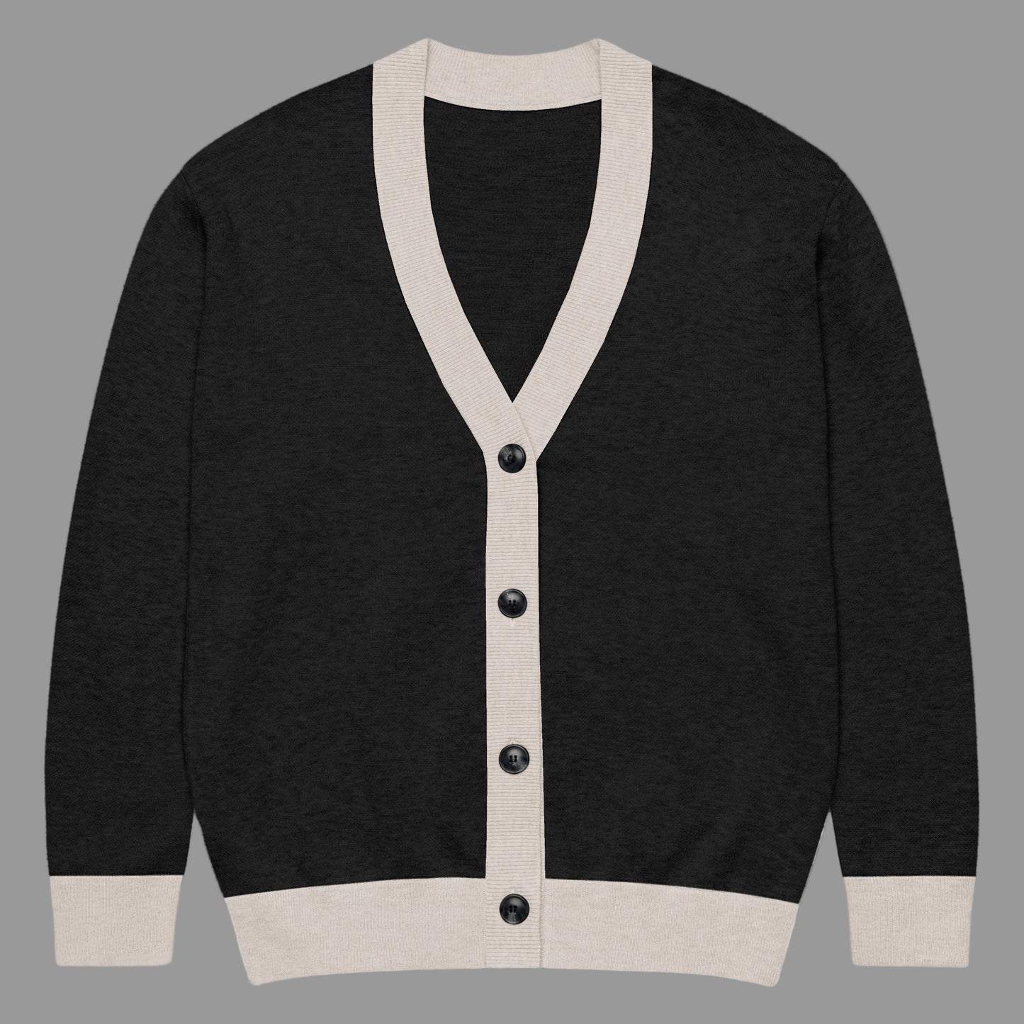 Black cardigan with beige trim and buttons on a white background