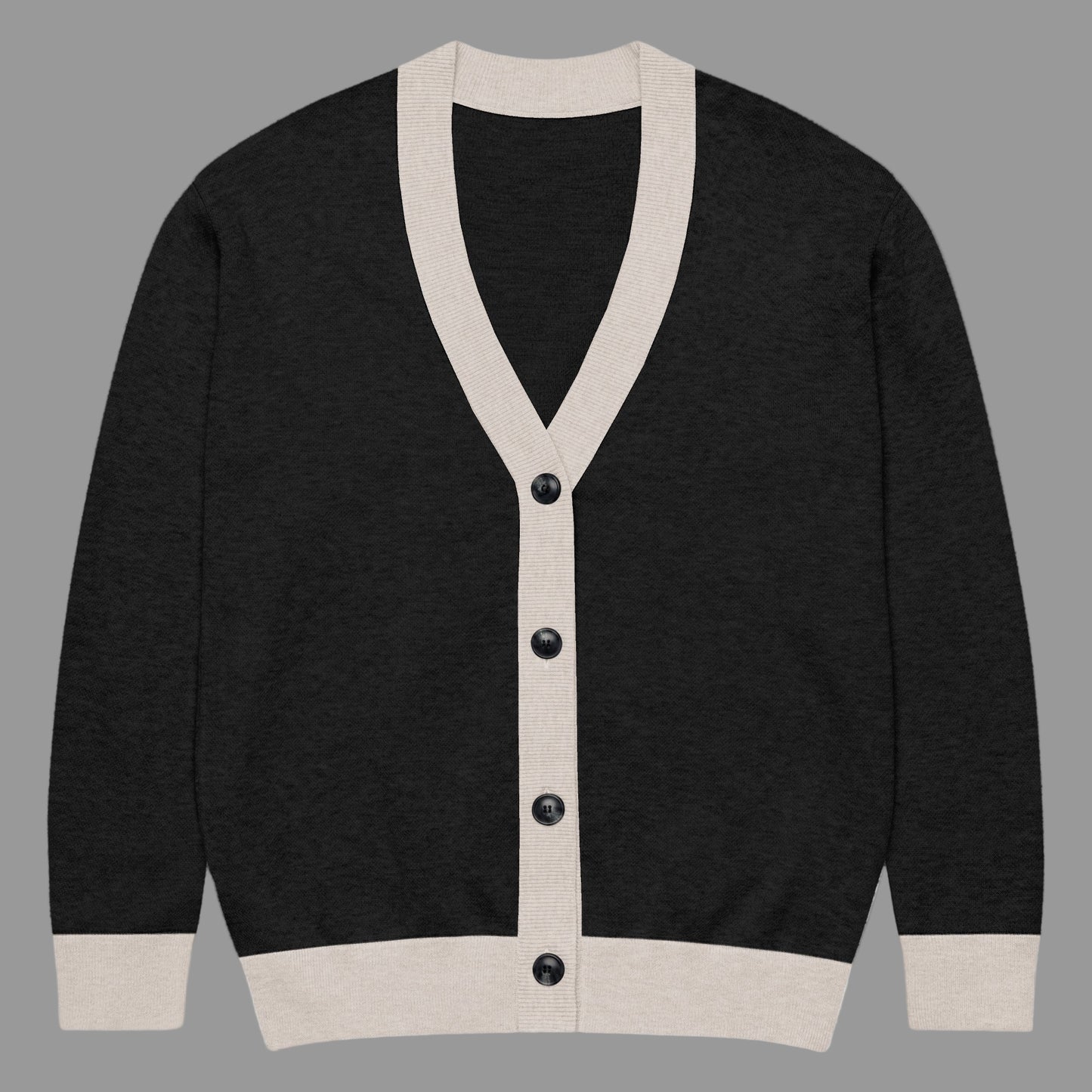 Black cardigan with beige trim and buttons on a white background