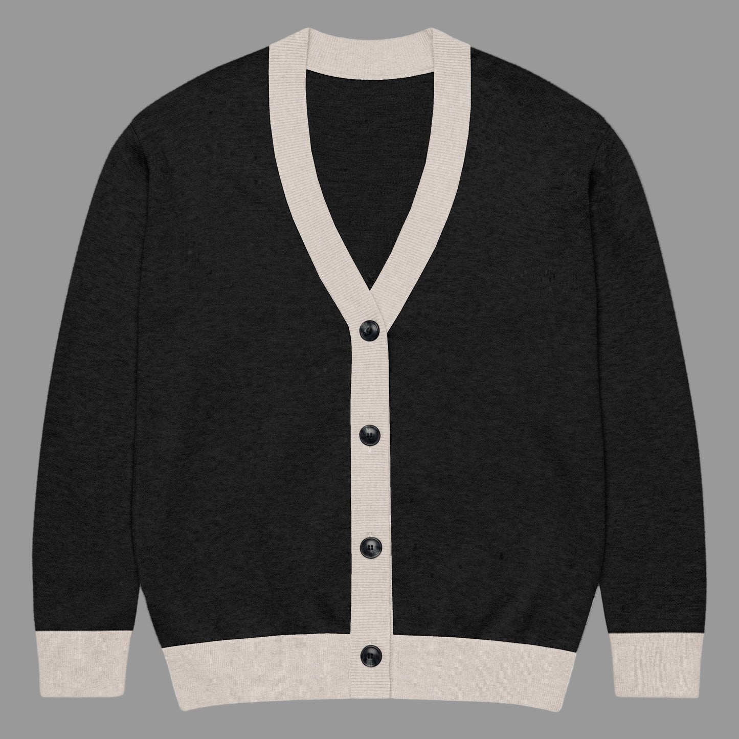 Black cardigan with beige trim and buttons on a white background