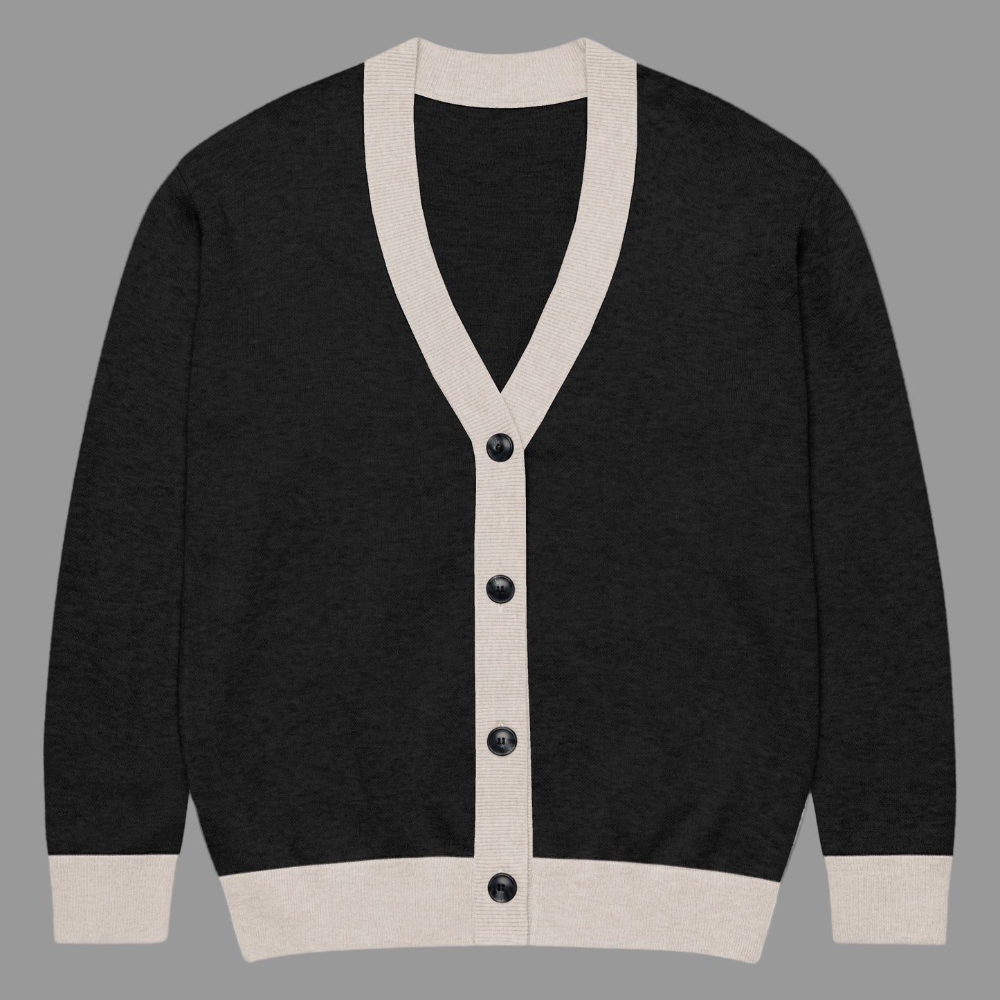 Black cardigan with beige trim and buttons on a gray background