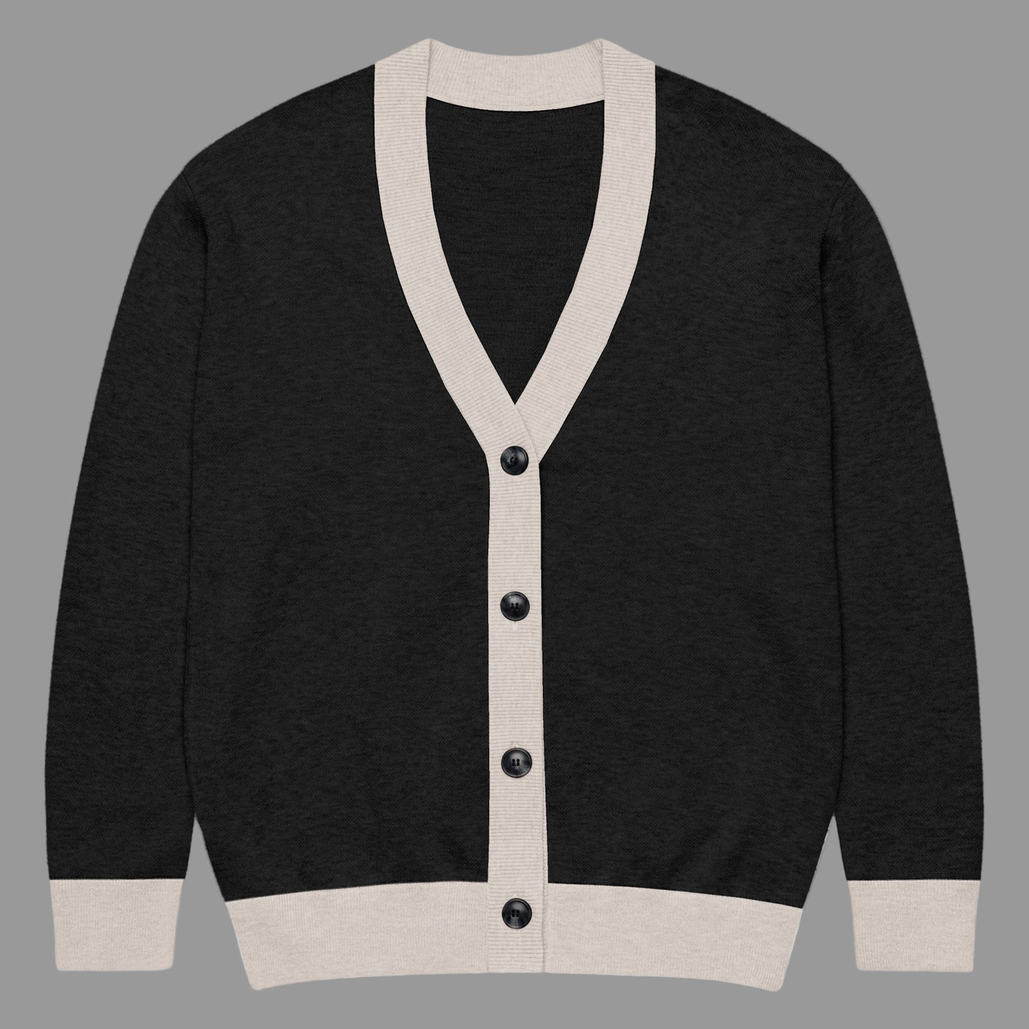 Black cardigan with beige trim and buttons on a white background
