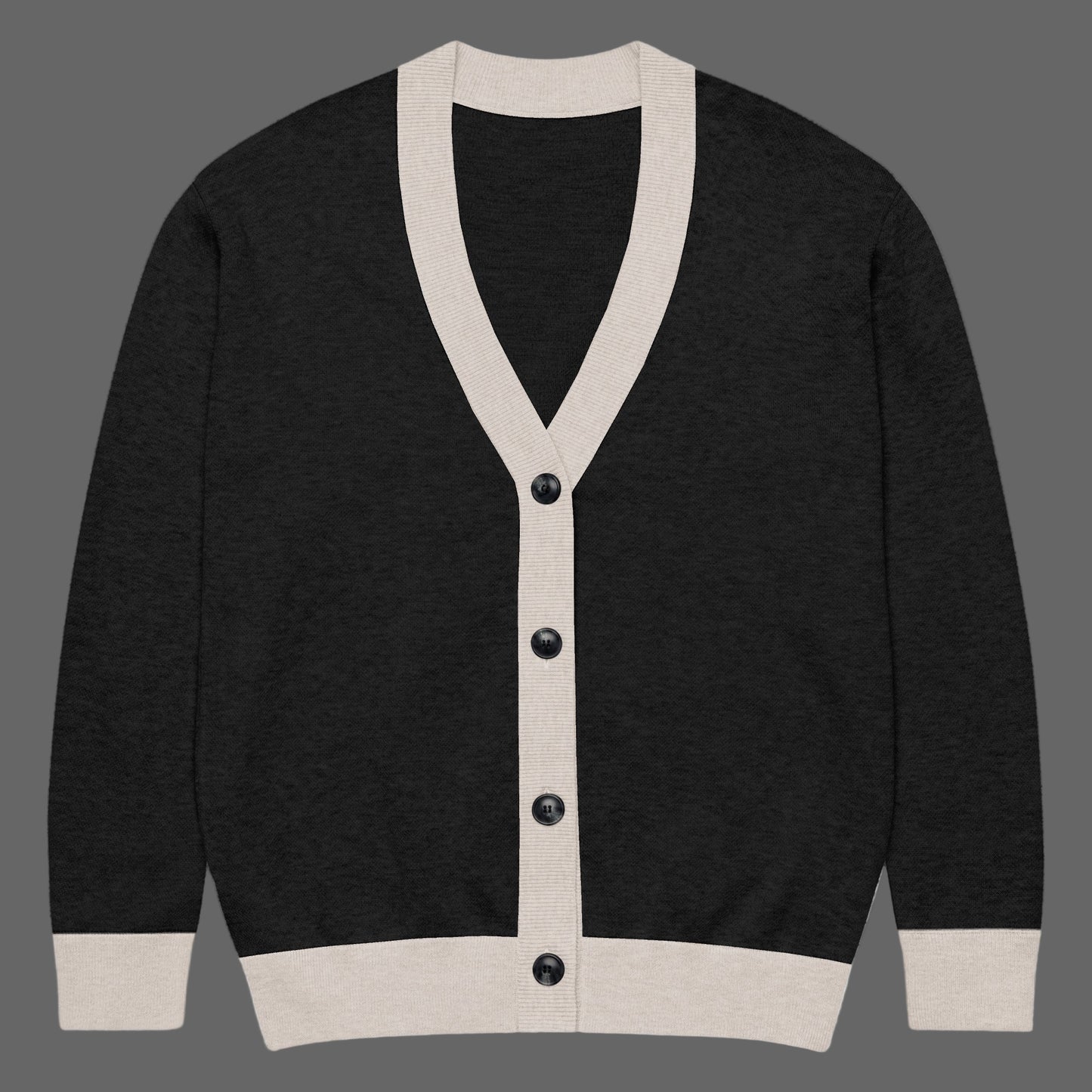 Black cardigan with beige trim and buttons on a white background