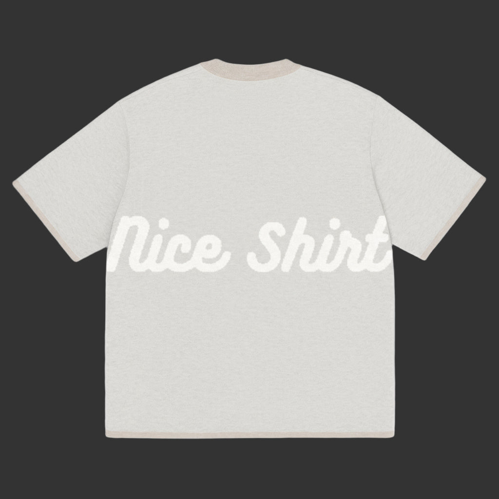 White t-shirt with 'Nice Shirt' text on a white background