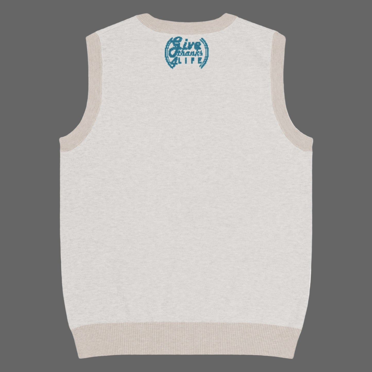 White sleeveless sweater vest with blue text on the back against a white background