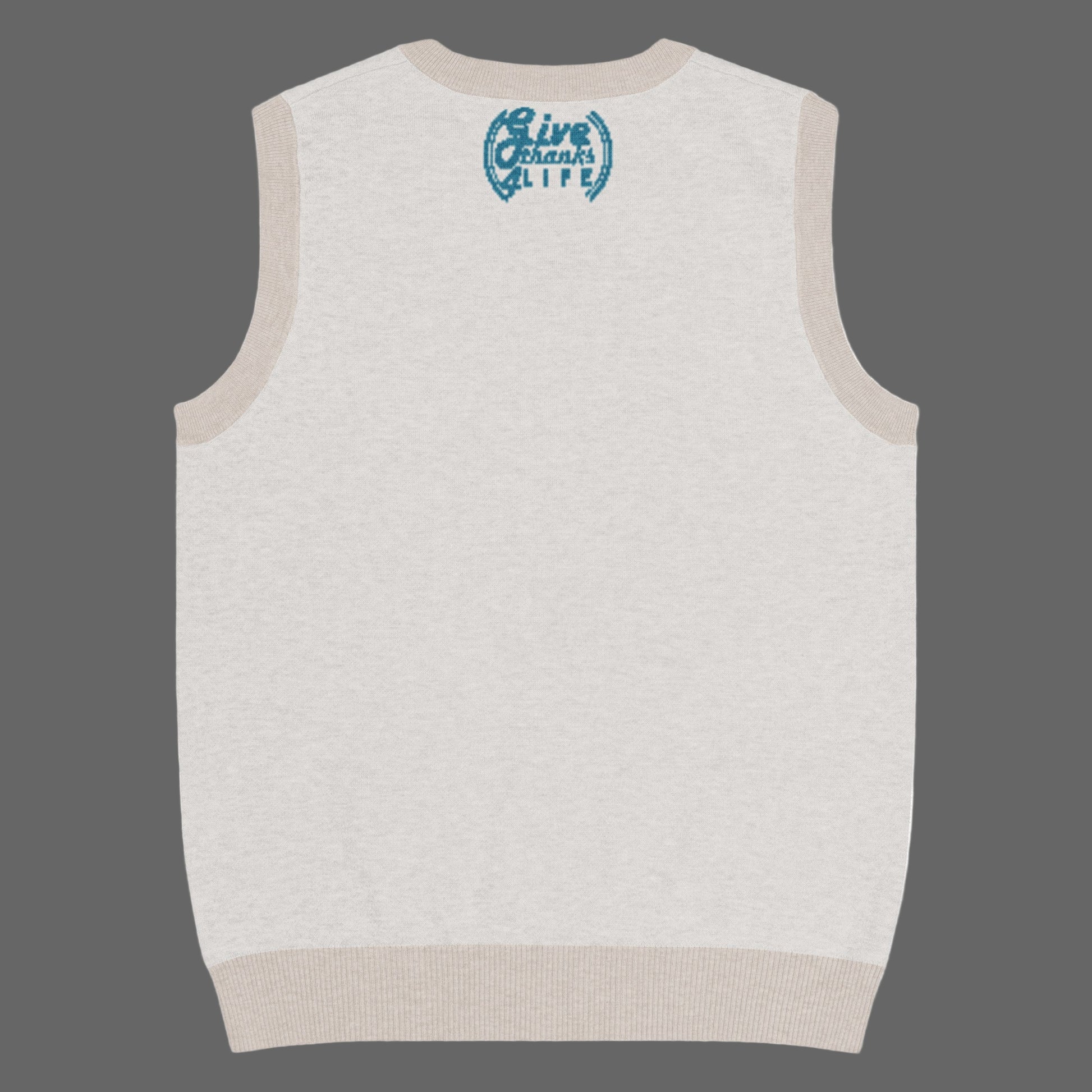White sleeveless sweater vest with blue text on the back against a white background