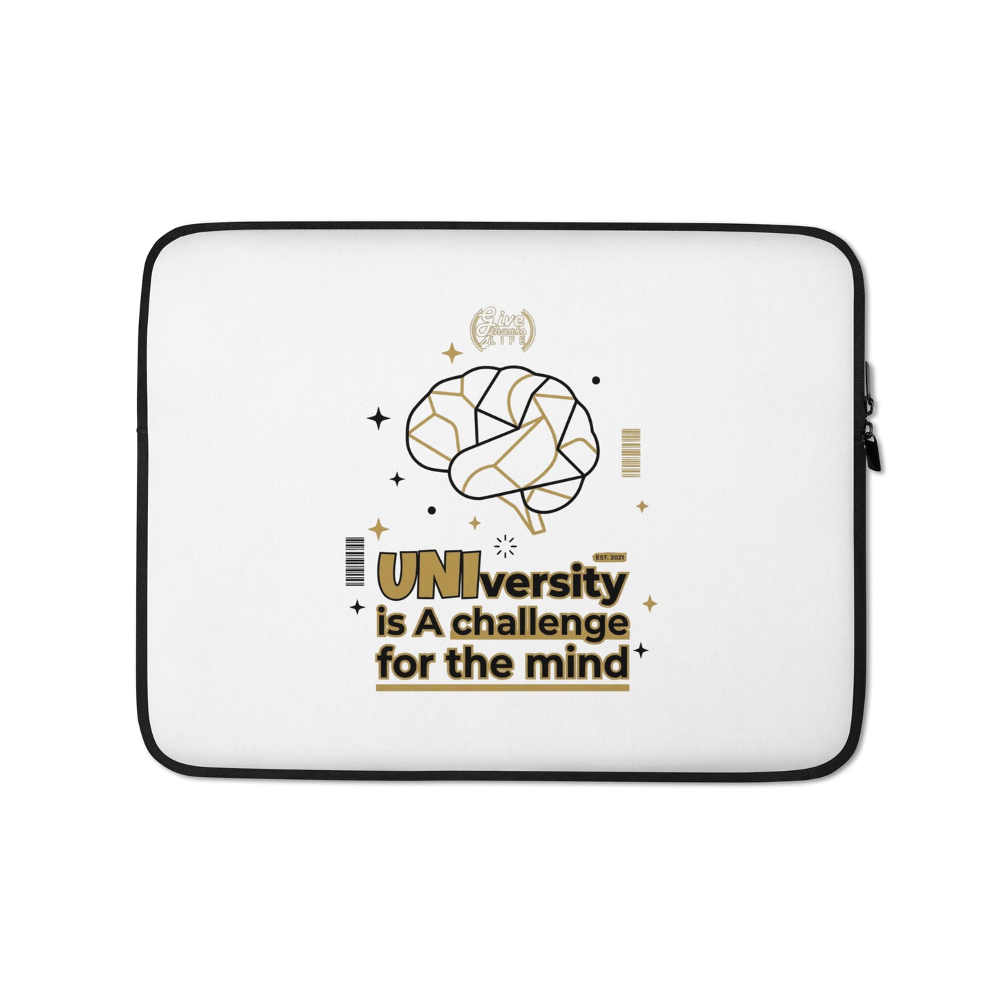 Laptop sleeve with brain graphic and text on a white background