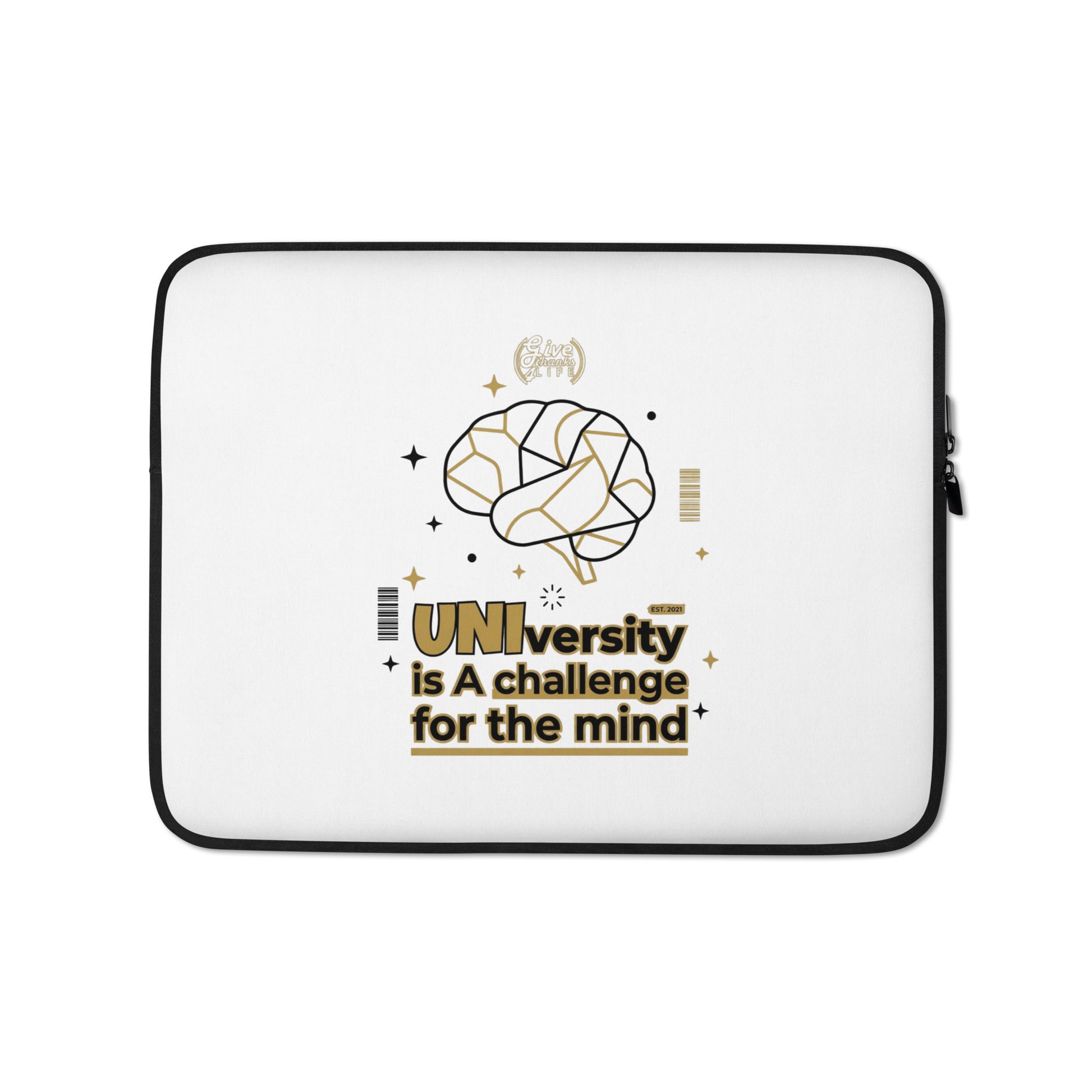Laptop sleeve with brain graphic and text on a white background