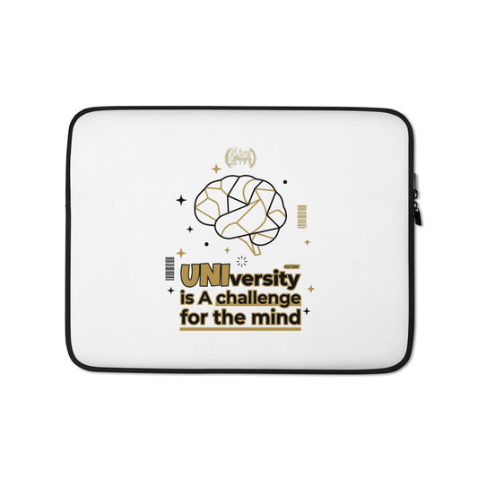 Laptop sleeve with brain graphic and text on a white background