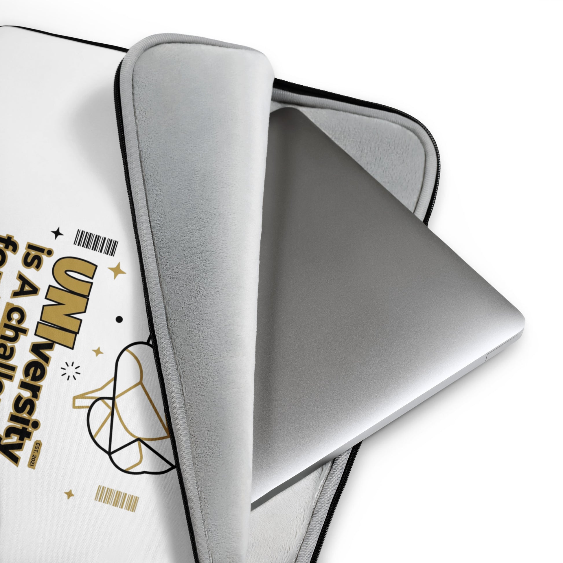 Gray laptop sleeve with text and graphics on a white background