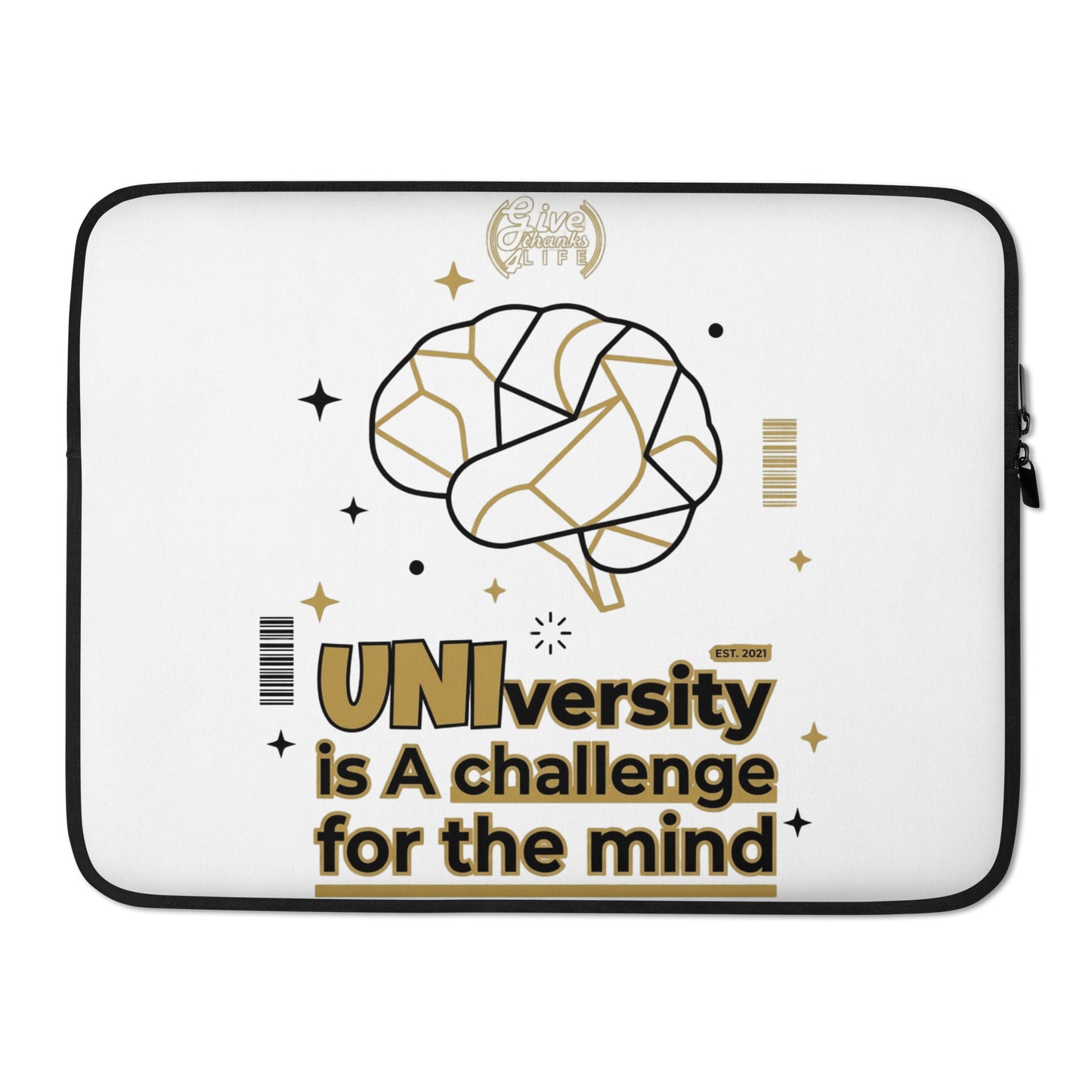 Laptop sleeve with brain design and text on a white background