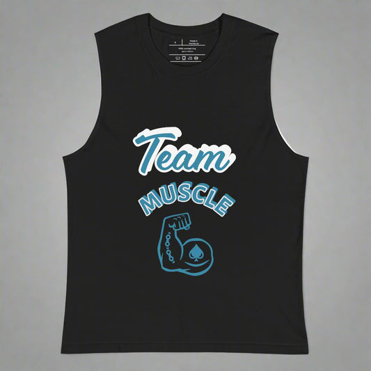 Black tank top with 'Team Muscle' text and graphic on a white background