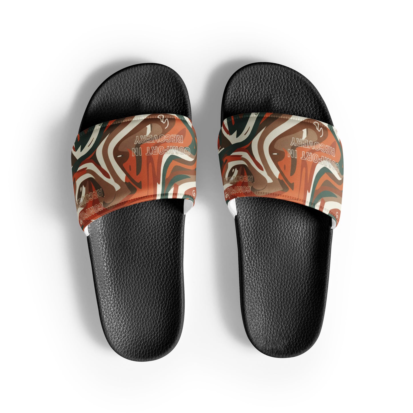 Pair of slides with a marbled pattern on the straps against a white background