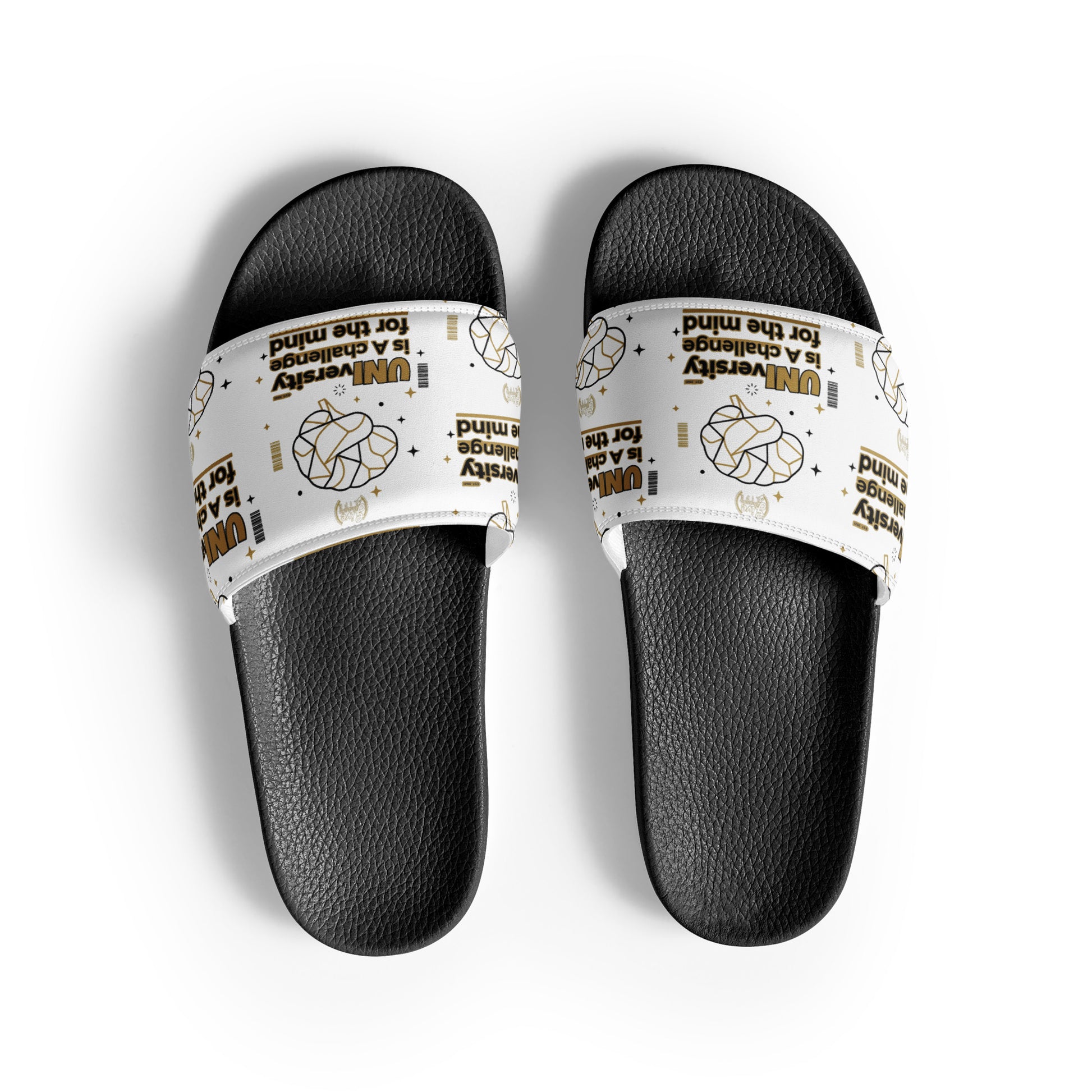 Pair of black slide sandals with Corvette logo on a white background