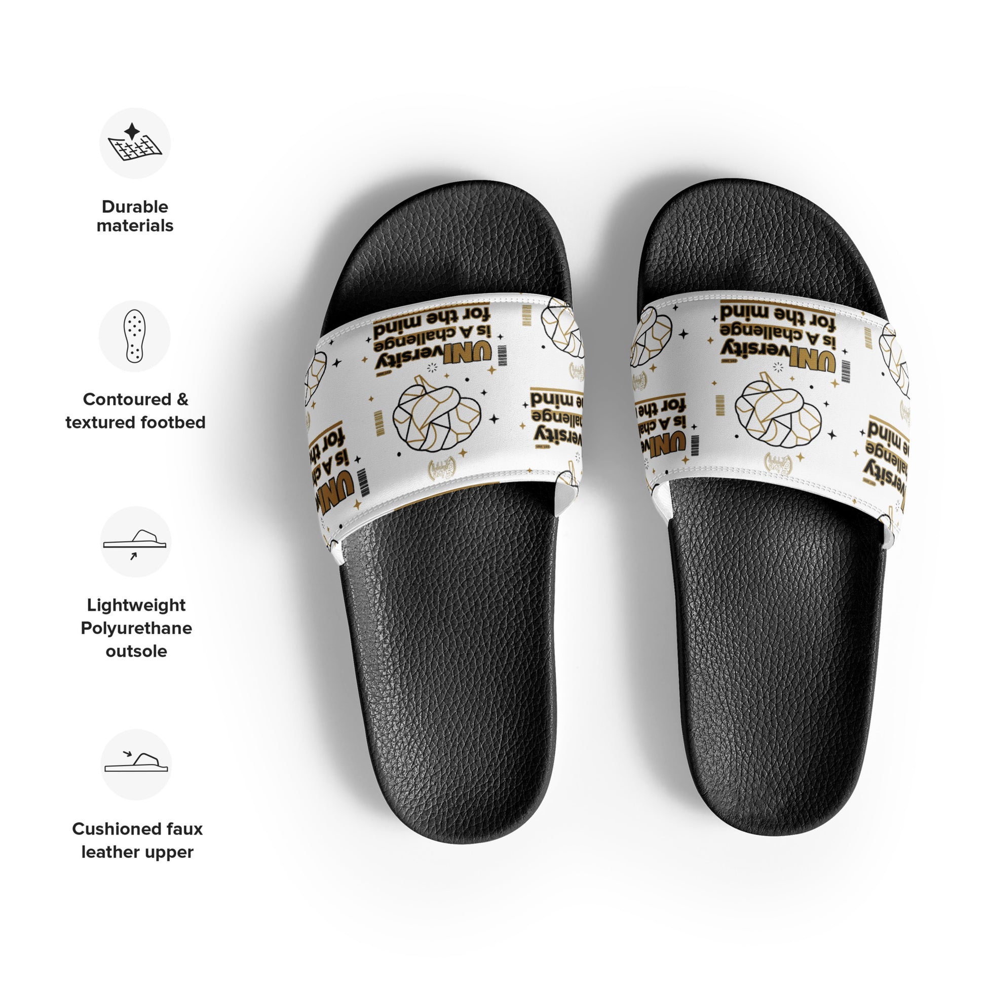 Black slides with white straps featuring red cherry designs on a white background