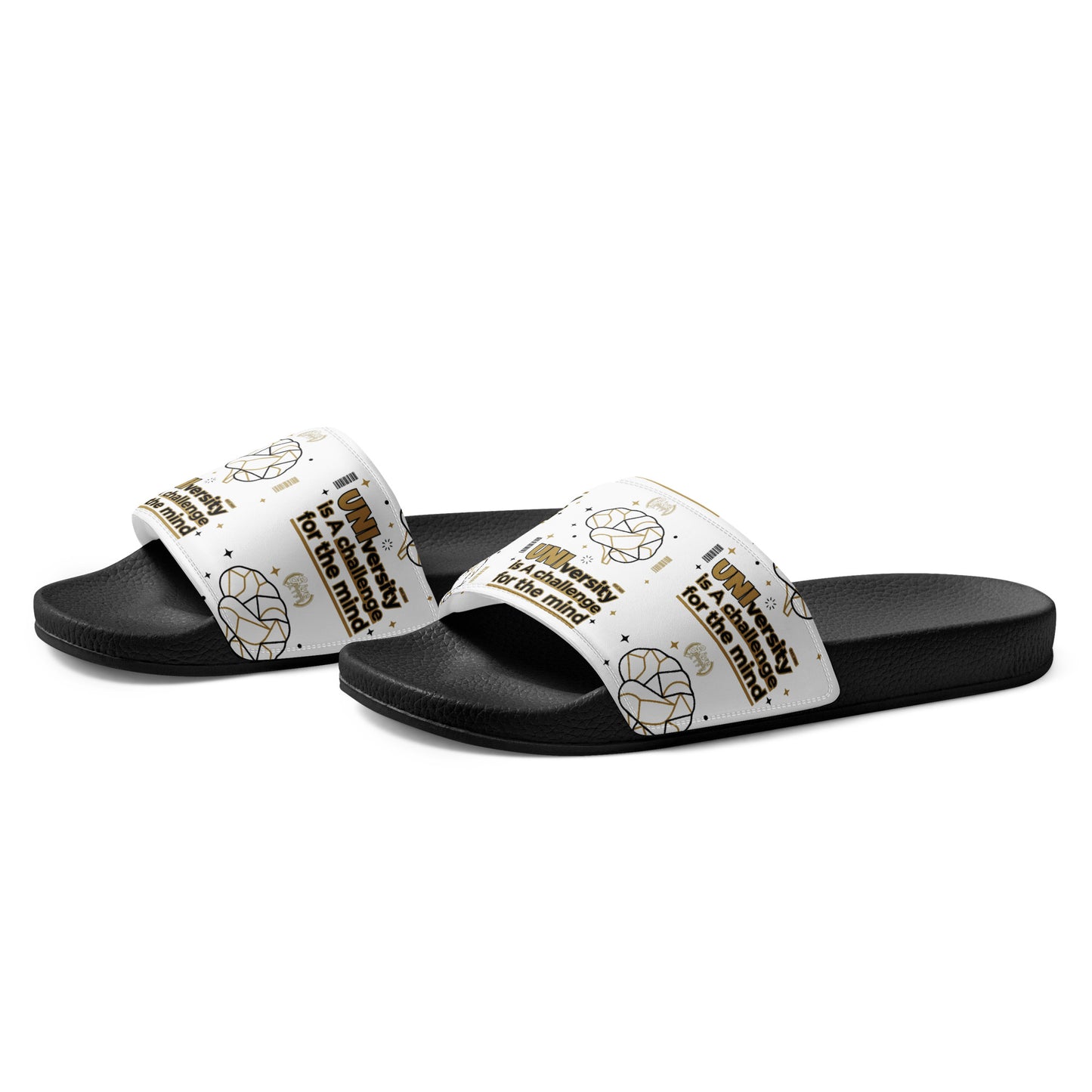 Pair of slides with leopard print straps on a white background