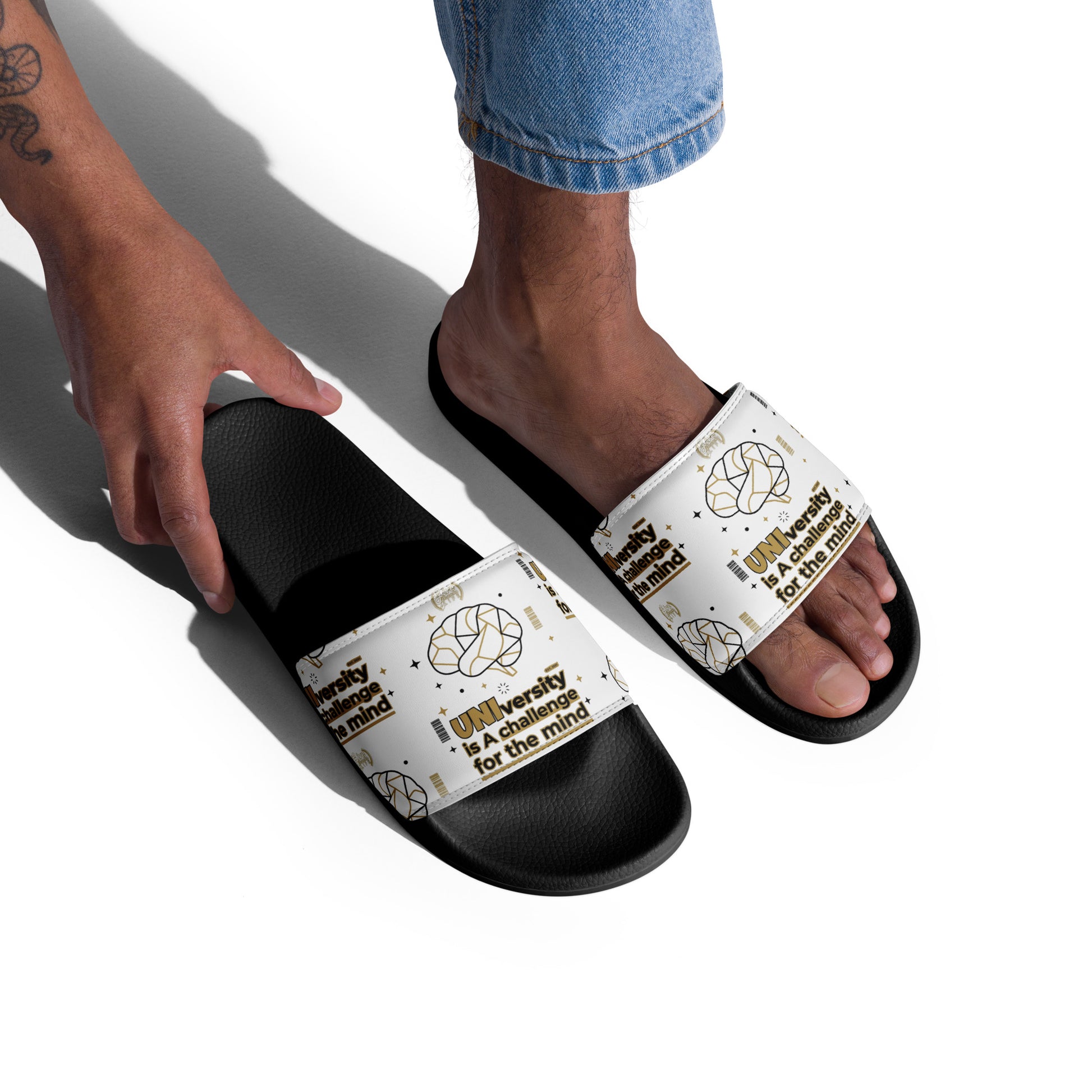 Black slides with white straps featuring text and graphics on a white background