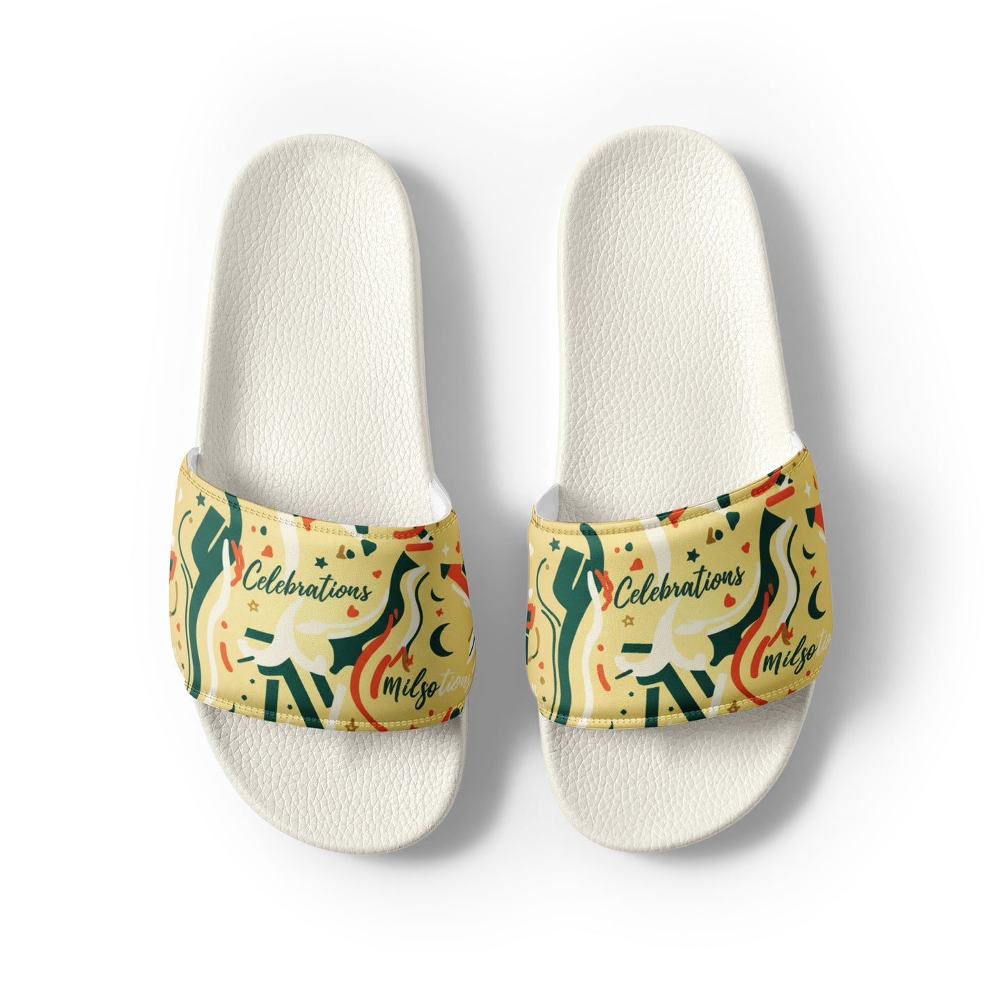 Pair of white slides with colorful band featuring text and graphics on a white background