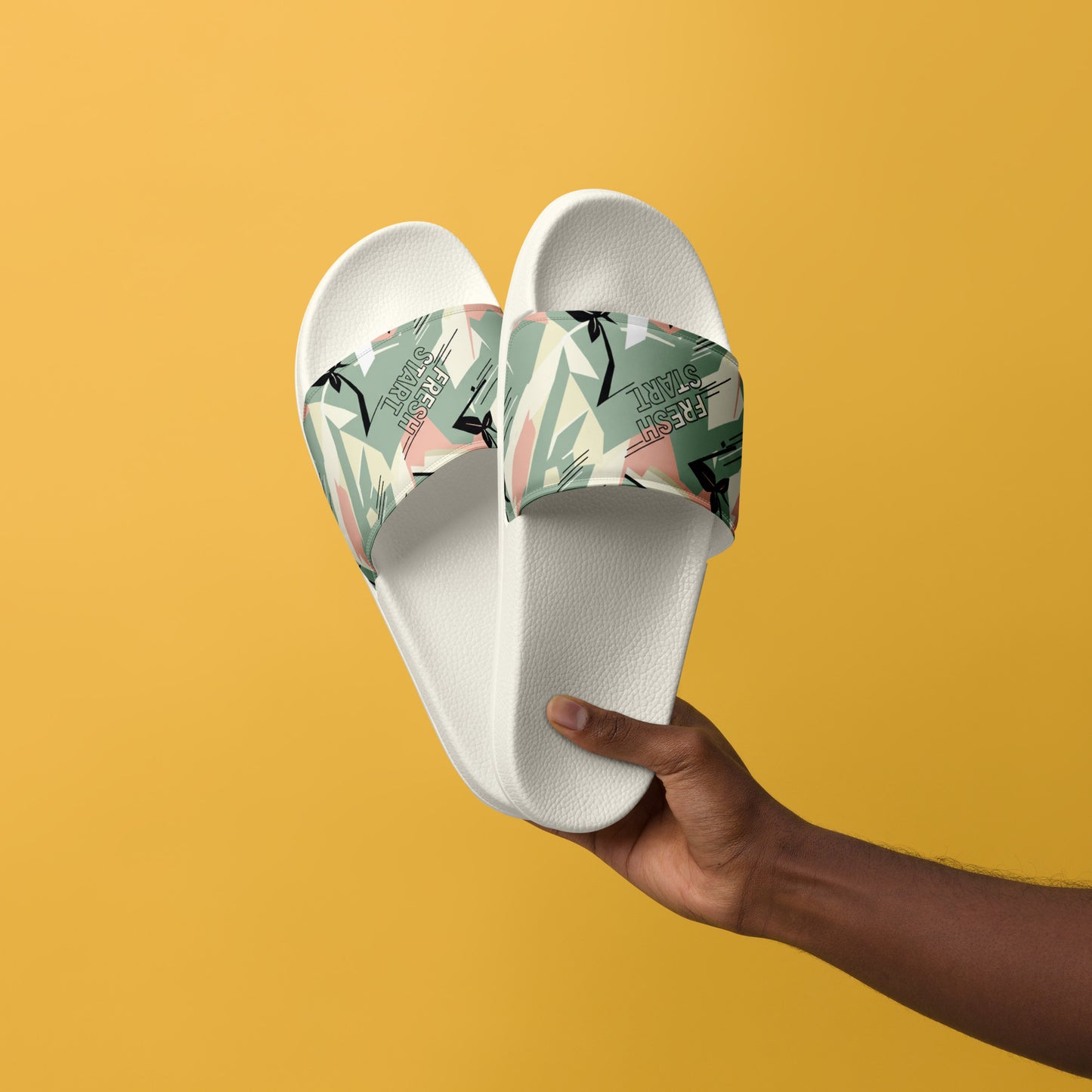 White slides with tropical pattern on a yellow background