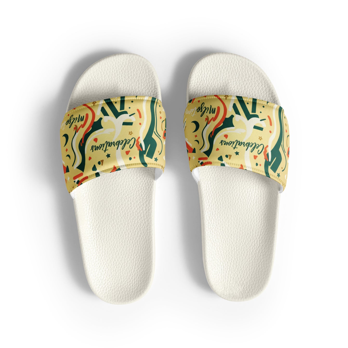 Pair of white slides with colorful band featuring abstract designs and text on a white background