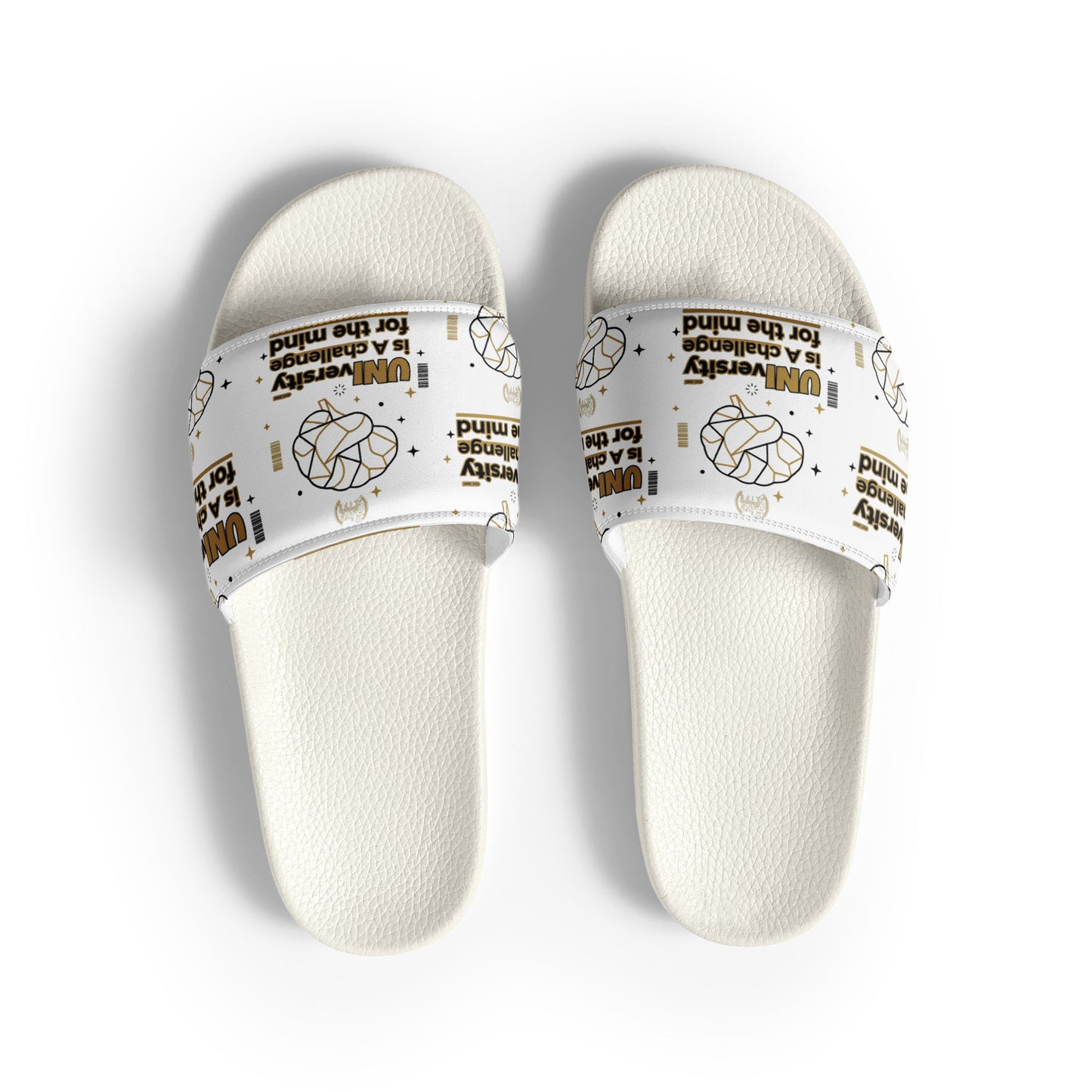 Pair of white slides with printed bands on a white background