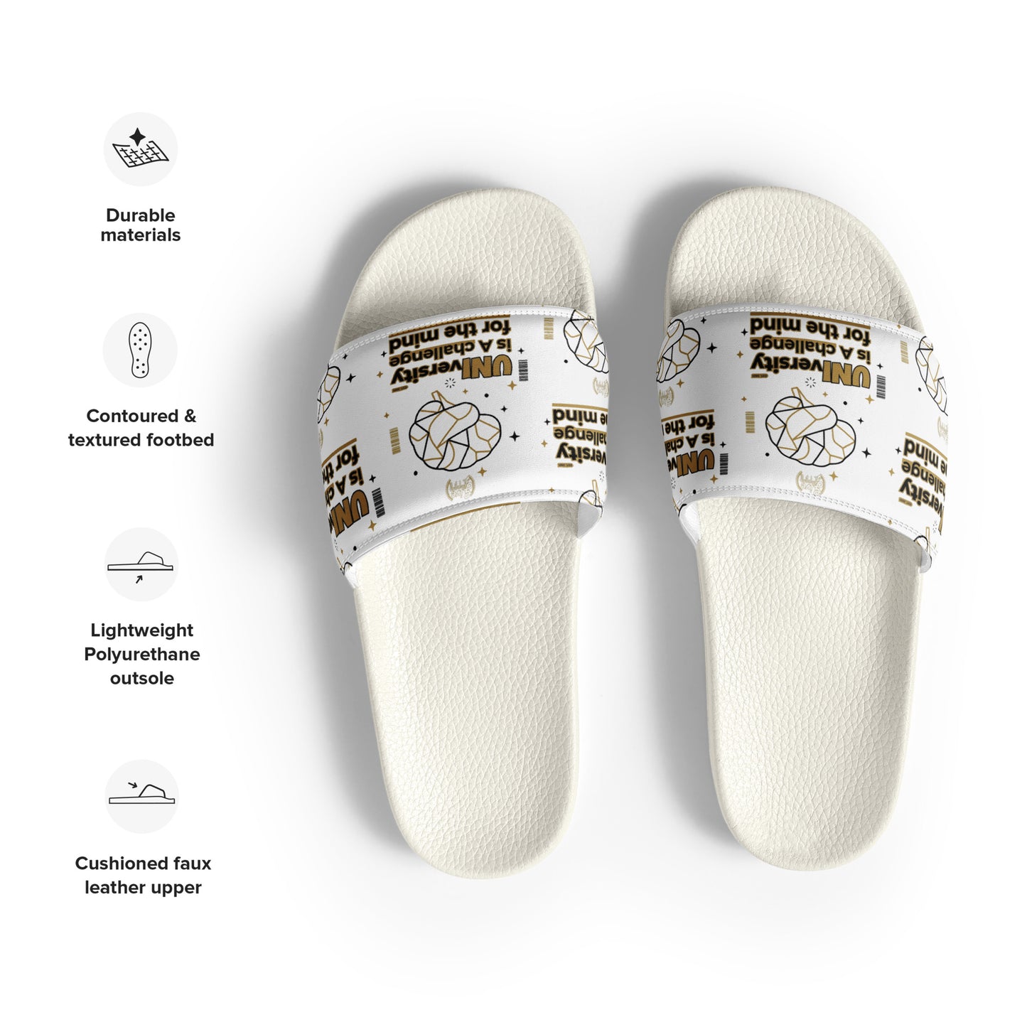 White slippers with text design on a white background