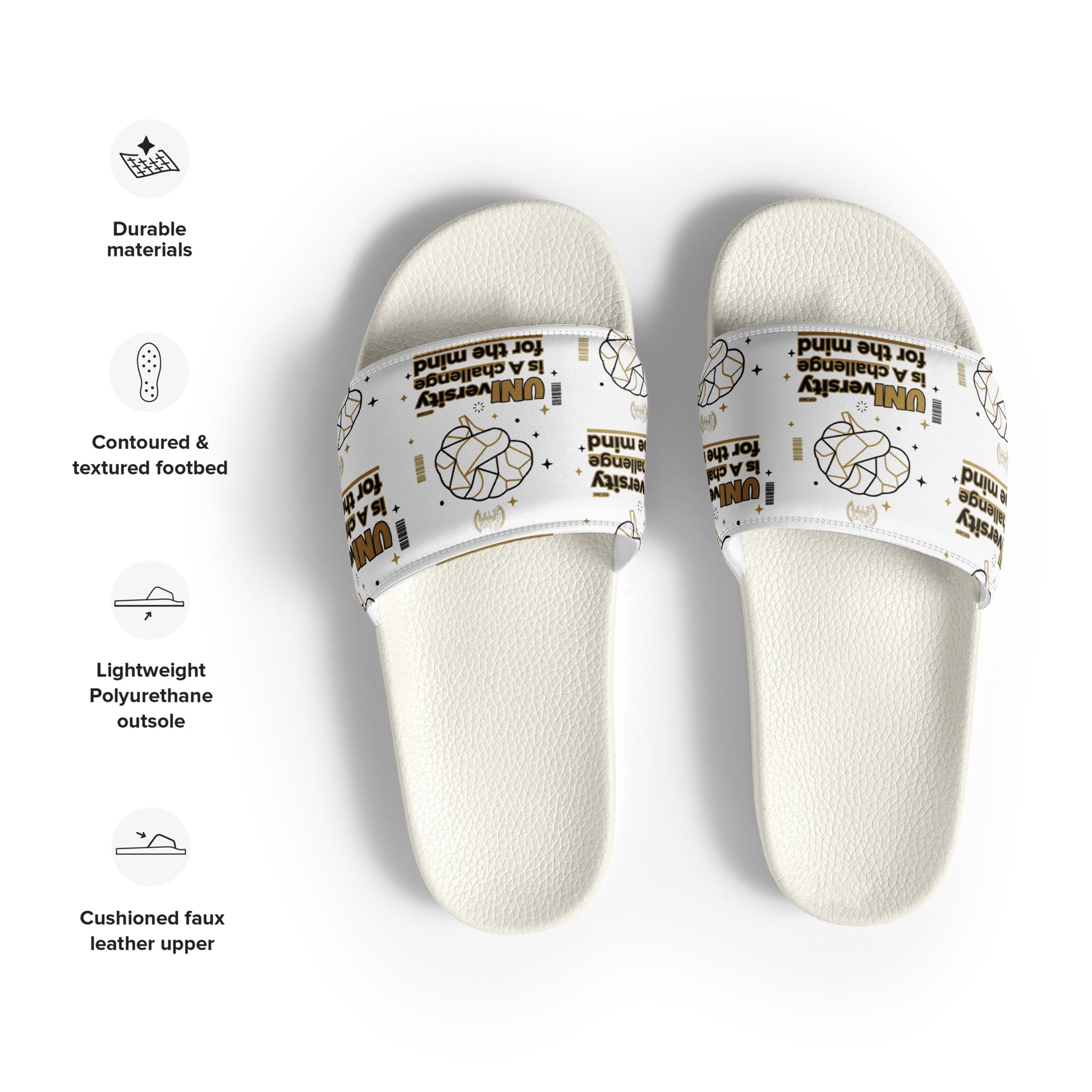 White slippers with text design on a white background