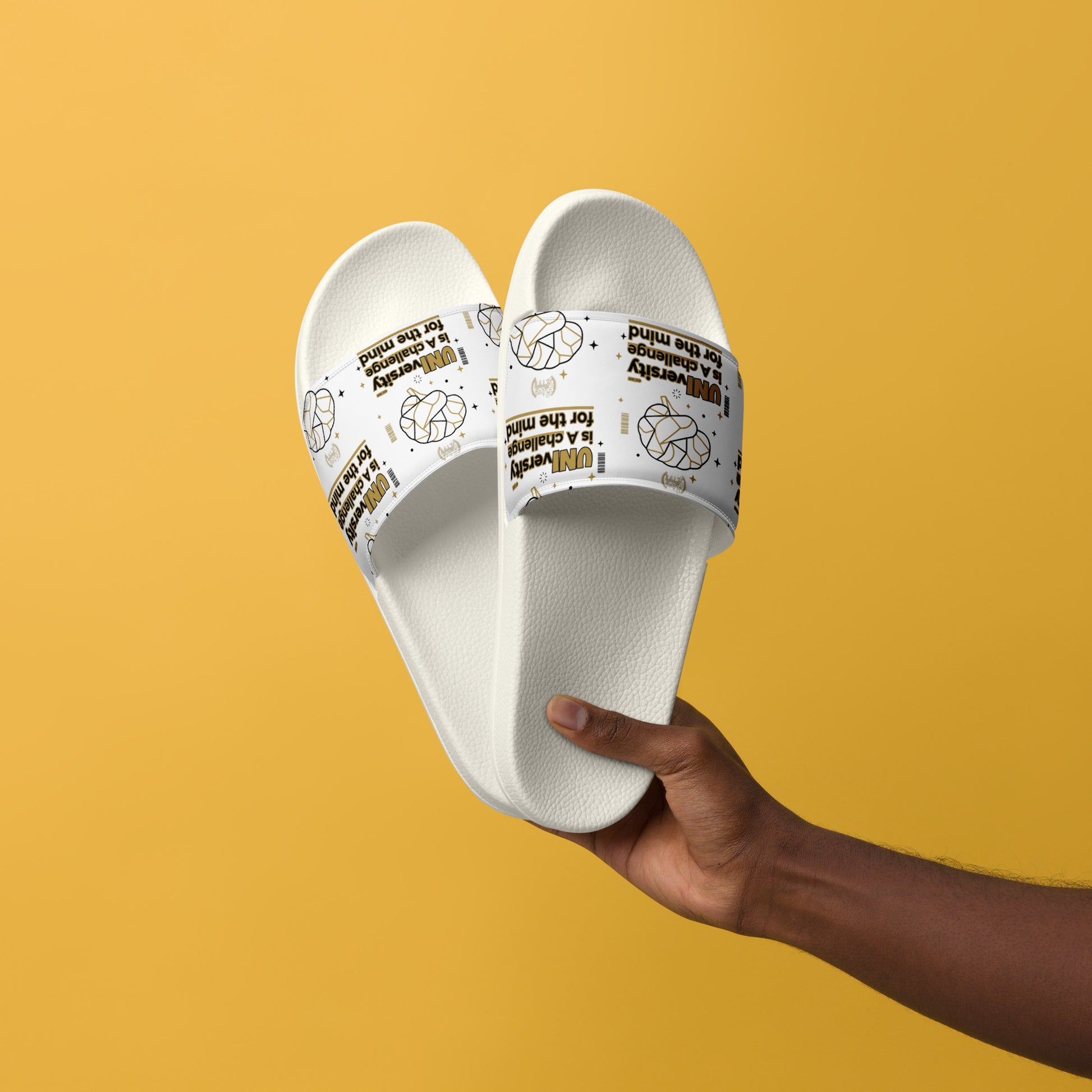 White slides with text and graphics held against a yellow background