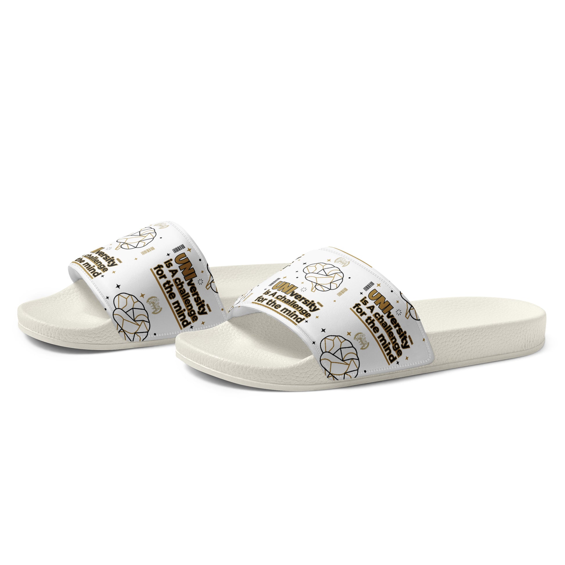 Pair of blue slide sandals with white soles on a white background