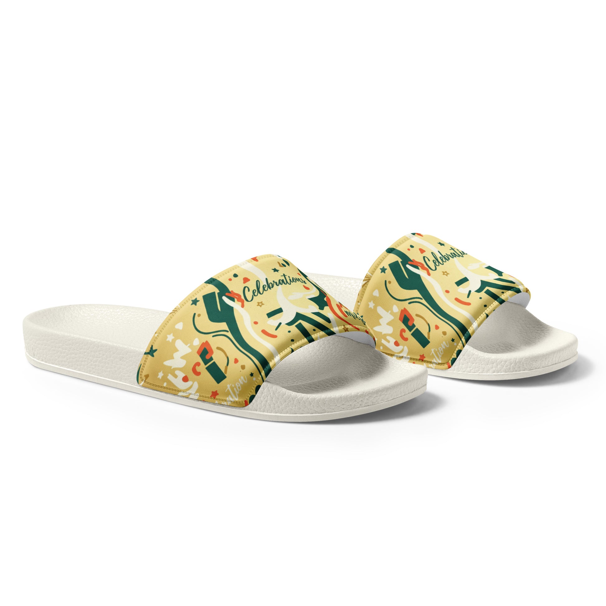Pair of slide sandals with colorful patterned straps on a white background