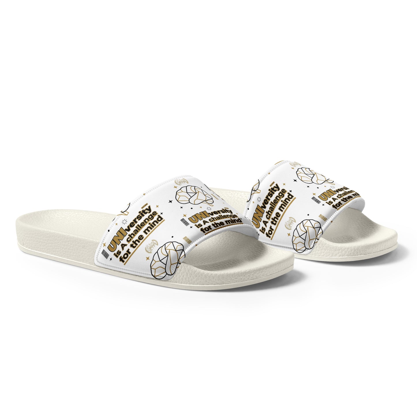 White slides with gold text and designs on a white background