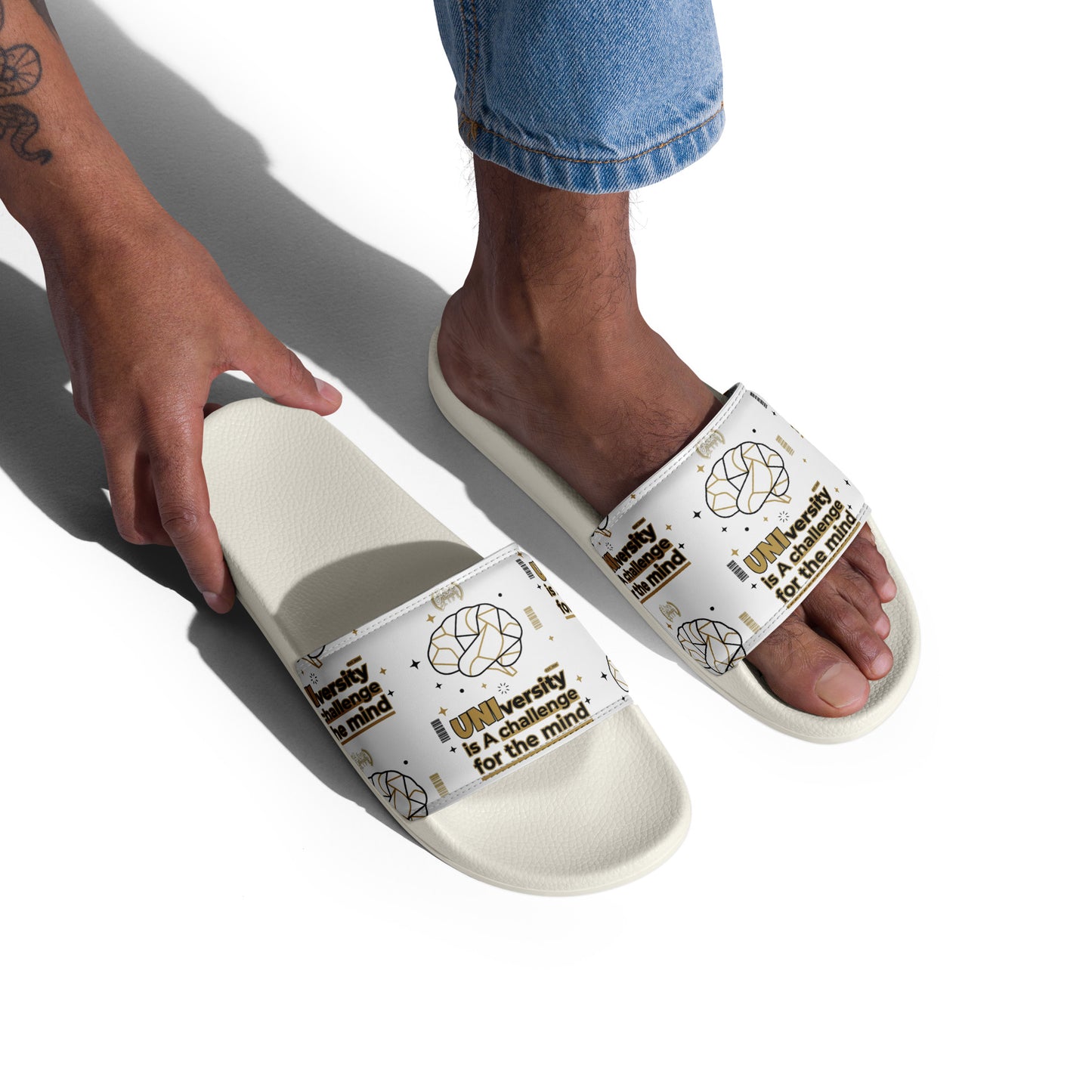 White slides with text and graphics worn by a person on a white background