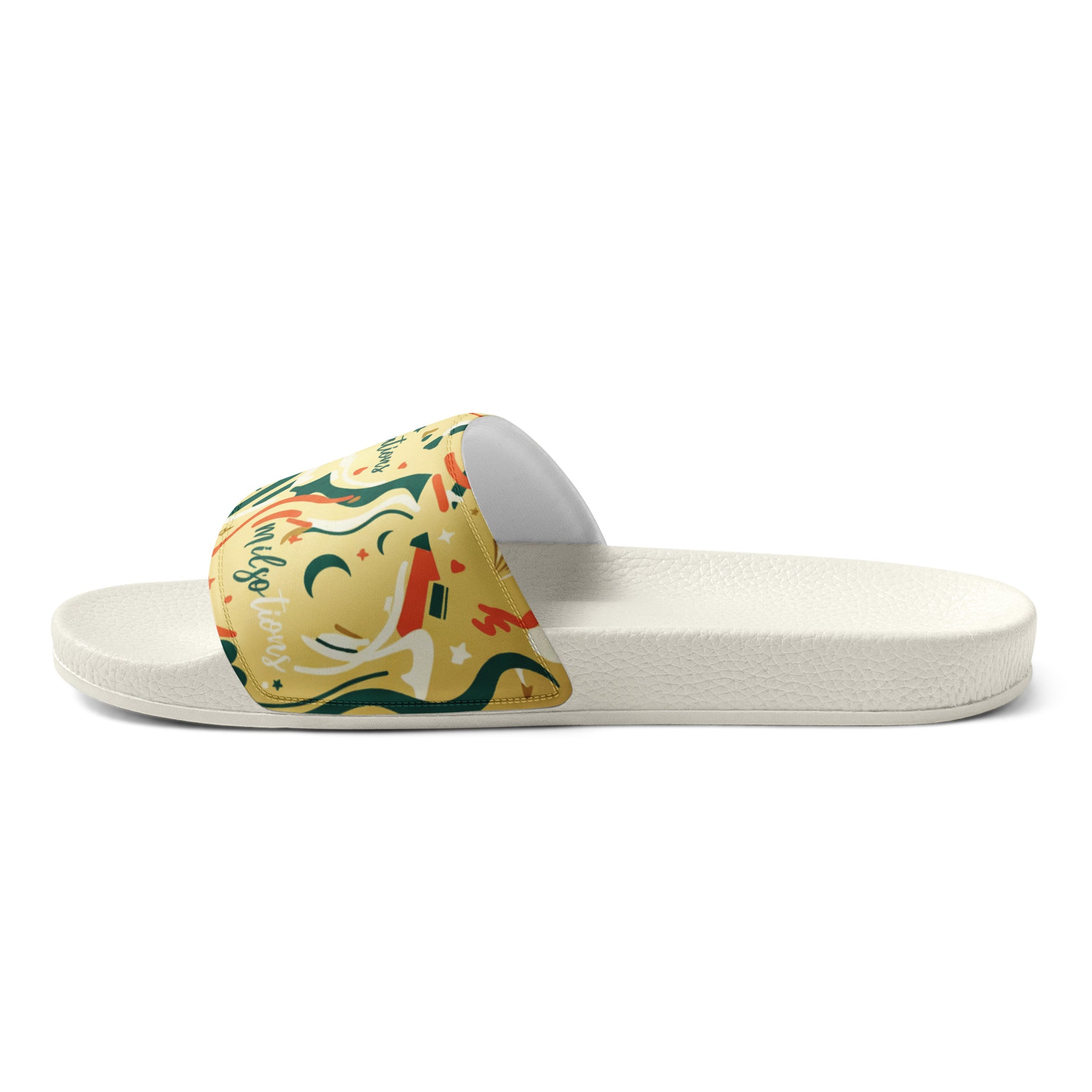Slide sandal with colorful design on a white background