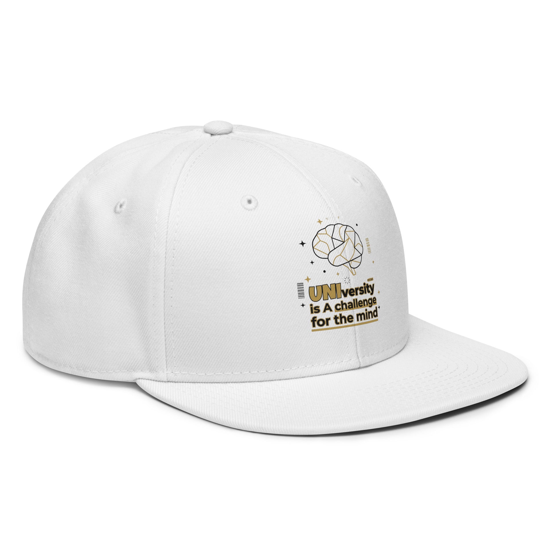 White cap with text and logo on a white background