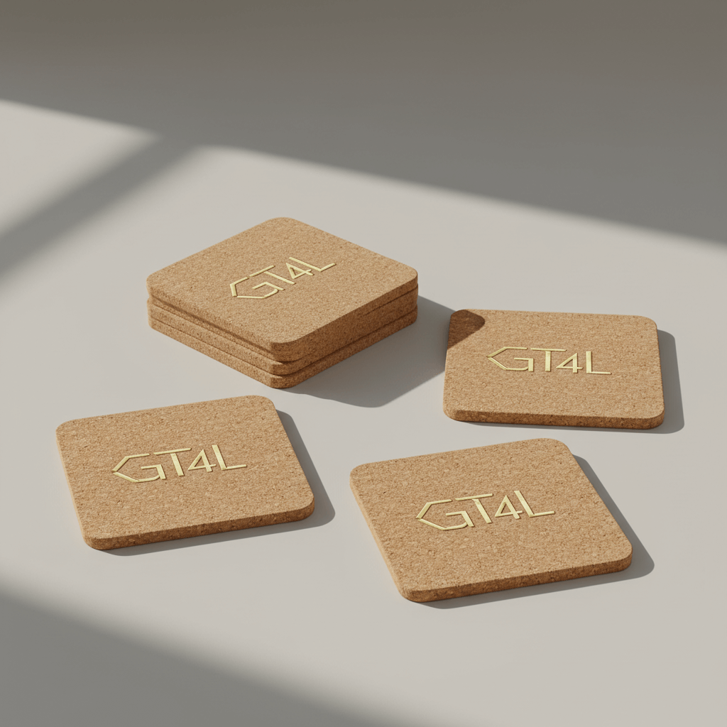 SQUARE CORK COASTERS WITH THE GOLD STORE LOGO
