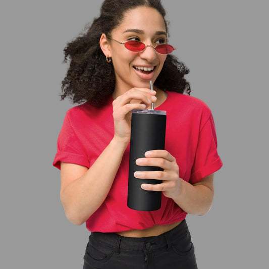 Person wearing red sunglasses and a red shirt, holding a black tumbler with a straw.
