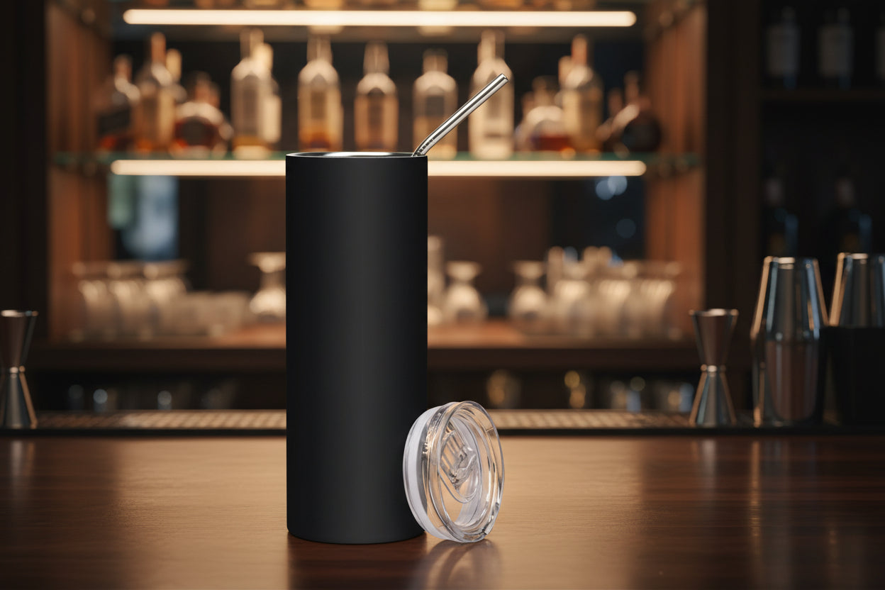 Black insulated tumbler with a straw on a white background