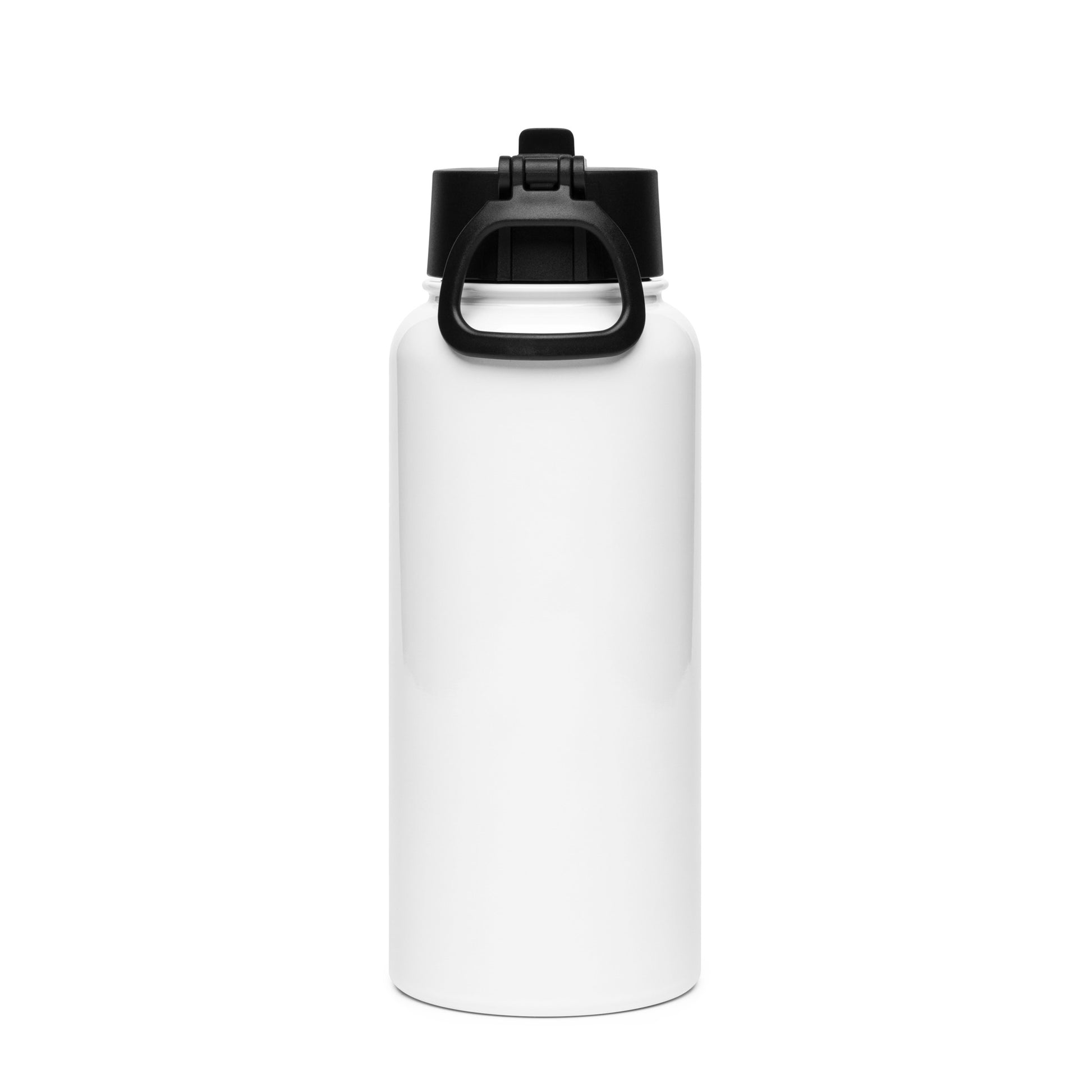White water bottle with a black cap on a white background